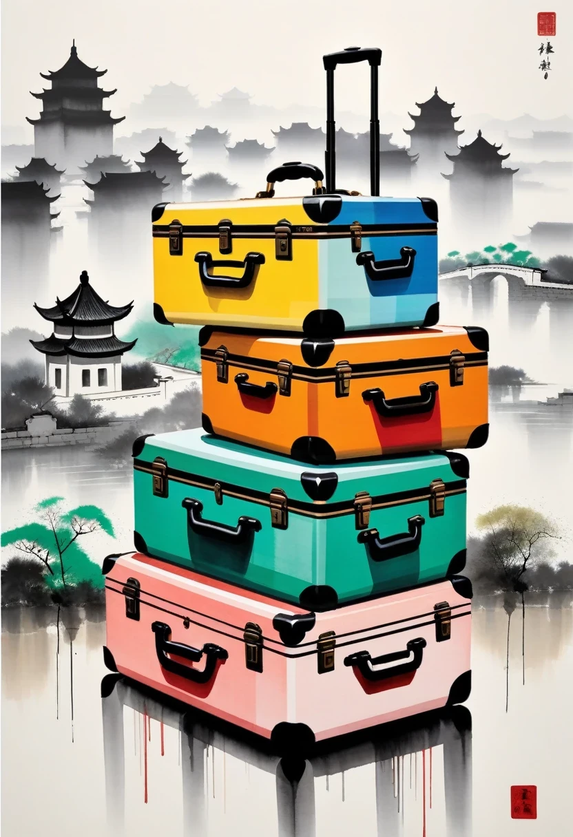 suitcases，printing：Geometric abstract ink，Describe the Jiangnan landscape architectural complex，Wu Guanzhong&#39;Style is an artistic expression that combines traditional Chinese ink painting techniques with Western painting concepts... It features modern interpretations of traditional themes, Create unique visual effects through color and line.