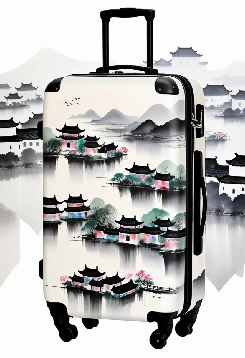suitcases,printing:Geometric abstract ink,Describe the Jiangnan landscape architectural complex,Wu Guanzhong'Style is an artistic expression that combines traditional Chinese ink painting techniques with Western painting concepts... It features modern interpretations of traditional themes, Create unique visual effects through color and line.
