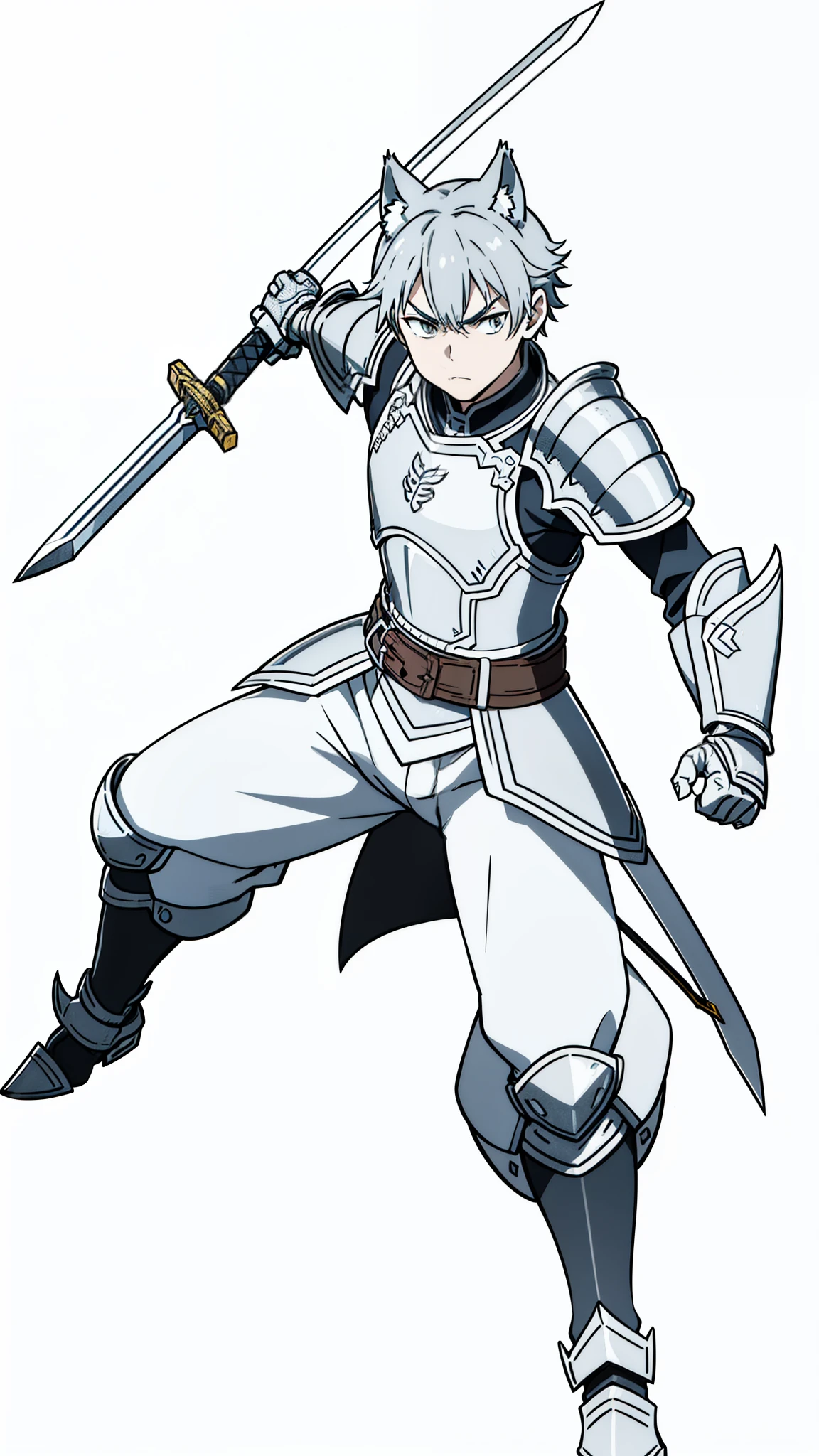 (1boy,13 years old),short hair,solo,armor,gray hair,wolf ears,(white background,line drawing),looking away, from back,((action pose)),holding a sword,((attacking)),angry