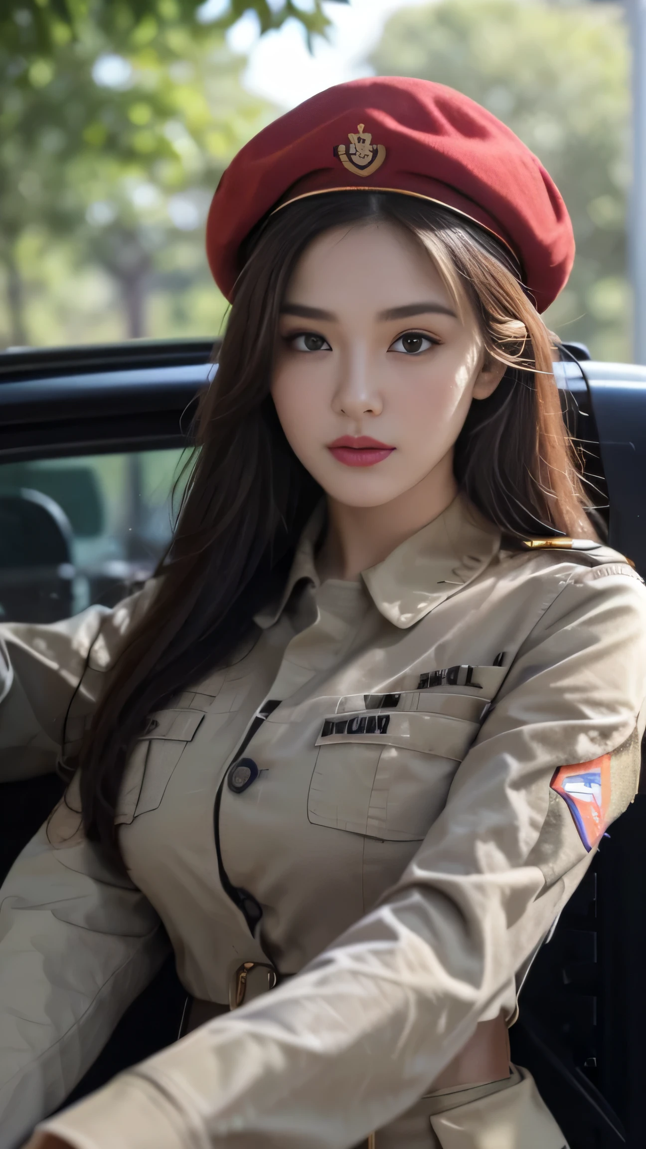 ((best quality, 8k, masterpiece:1.3)), focus:1.2, perfect body beauty:1.4, ((fine hair)), (military uniform:1.1), (red beret : ), (Soldier Uniform: 1.1), military coat: 1.1) Highly detailed face and skin textures, exquisite eyes, double eyelids, whiten skin, big breasts, Smile, in the jungle, super detailed face, super detailed eyes, super detailed, hand, super detailed fingers, super detailed body, Super slim figure, Super face slimming, ultra-thin eyes, 超细hand指, super fine hand, Super thin feet, catch, rifle, Soldier, Perfect Soldier, arms, rifle, Special force, army, Super detailed firearms, Super Detailed military coat, , Super precision firearms, Super detailed beret, Super detailed firearms, Super realistic firearms, super detailed mp5 rifle, surreal, muscular, female soldier, designated official, High-ranking official, general rank, You can see the self-propelled gun behind her., 超级细致的red beret, realistic point of view, perfect lighting, army vehicle