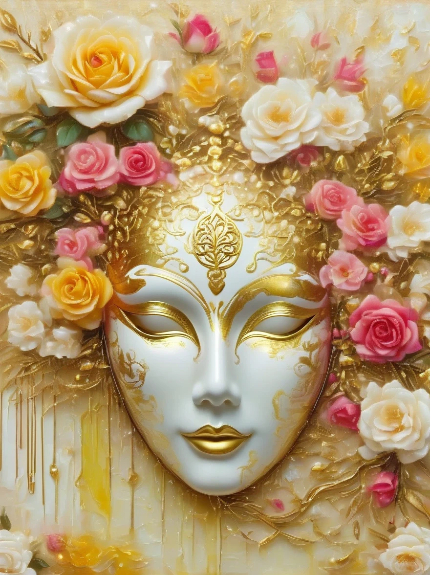 (best quality,4k,masterpiece:1.2),super detailed,lifelike:1.37,beautiful symmetrical mask,Apply with thick brush strokes and wet paint, Proportions of gold, melted wax |, visible strokes, rose symmetry mask,White mask surrounded by roses, Mosaic wireframe 3d, neuroimaging, Neurons, The Tree of Life, rape, like, enthusiasm, oil painting on canvas, thick strokes, Very detailed, 8K Ultra HD, masterpiece, art station, surreal,symmetry art