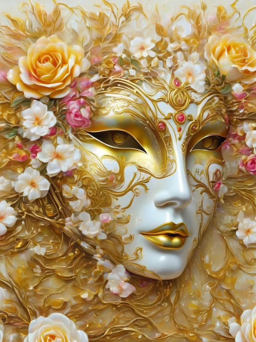 (best quality,4k,masterpiece:1.2),super detailed,lifelike:1.37,beautiful symmetrical mask,Apply with thick brush strokes and wet paint, Proportions of gold, melted wax |, visible strokes, rose symmetry mask,White mask surrounded by roses, Mosaic wireframe 3d, neuroimaging, Neurons, The Tree of Life, rape, like, enthusiasm, oil painting on canvas, thick strokes, Very detailed, 8K Ultra HD, masterpiece, art station, surreal