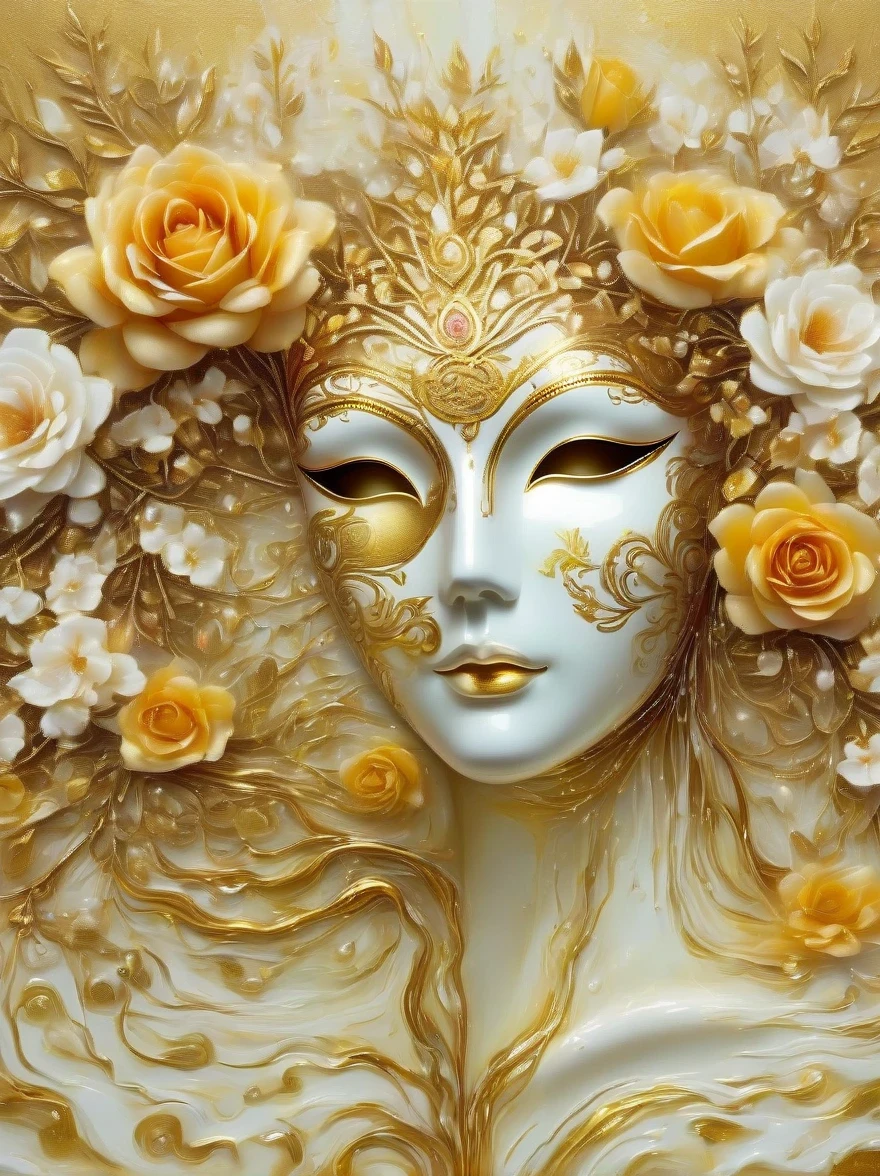 (best quality,4k,masterpiece:1.2),super detailed,lifelike:1.37,beautiful symmetrical mask,Apply with thick brush strokes and wet paint, Proportions of gold, melted wax |, visible strokes, rose symmetry mask,White mask surrounded by roses, Mosaic wireframe 3d, neuroimaging, Neurons, The Tree of Life, rape, like, enthusiasm, oil painting on canvas, thick strokes, Very detailed, 8K Ultra HD, masterpiece, art station, surreal