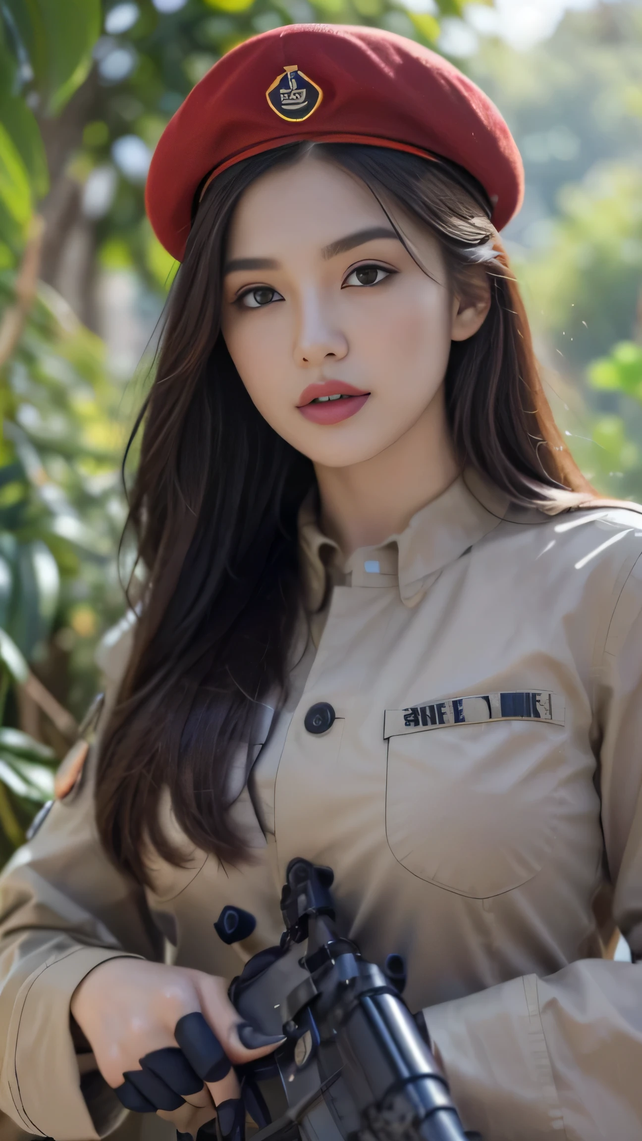 ((best quality, 8k, masterpiece:1.3)), focus:1.2, perfect body beauty:1.4, ((fine hair)), (military uniform:1.1), (red beret : ), (Soldier Uniform: 1.1), military coat: 1.1) Highly detailed face and skin textures, exquisite eyes, double eyelids, whiten skin, big breasts, Smile, in the jungle, super detailed face, super detailed eyes, super detailed, hand, super detailed fingers, super detailed body, Super slim figure, Super face slimming, ultra-thin eyes, 超细hand指, super fine hand, Super thin feet, catch, rifle, Soldier, Perfect Soldier, arms, rifle, Special force, army, Super detailed mp5 firearms, Super Detailed military coat, , Super precision firearms, Super detailed beret, Super detailed firearms, Super realistic firearms, super detailed mp5 rifle, surreal, muscular, female soldier, designated official, High-ranking official, general rank, You can see the self-propelled gun behind her., 超级细致的red beret, realistic point of view, perfect lighting, army vehicle