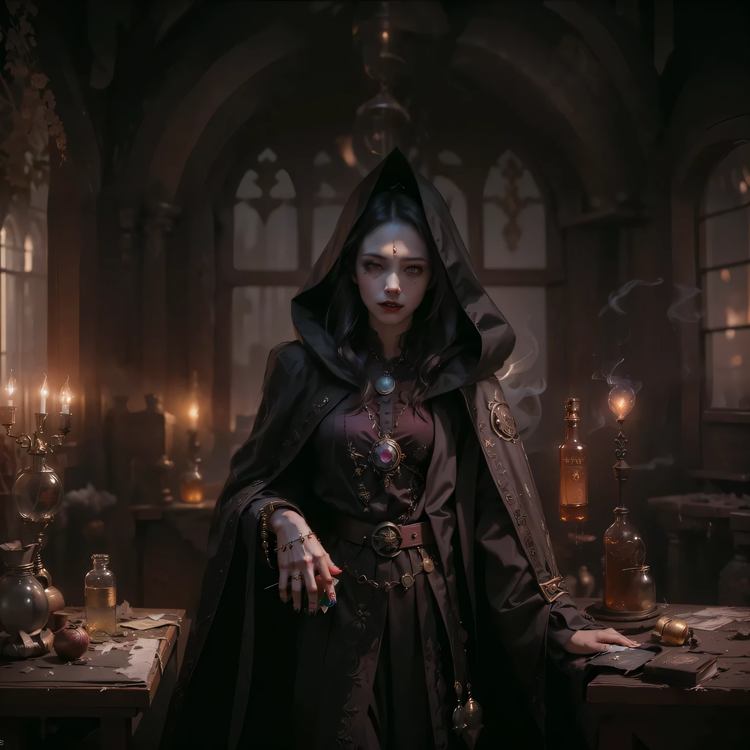 Fierce witch, poison, One-eyed, medieval, denoised, Matte painting, High detail, Dynamic lighting, Cinematic, High contrast