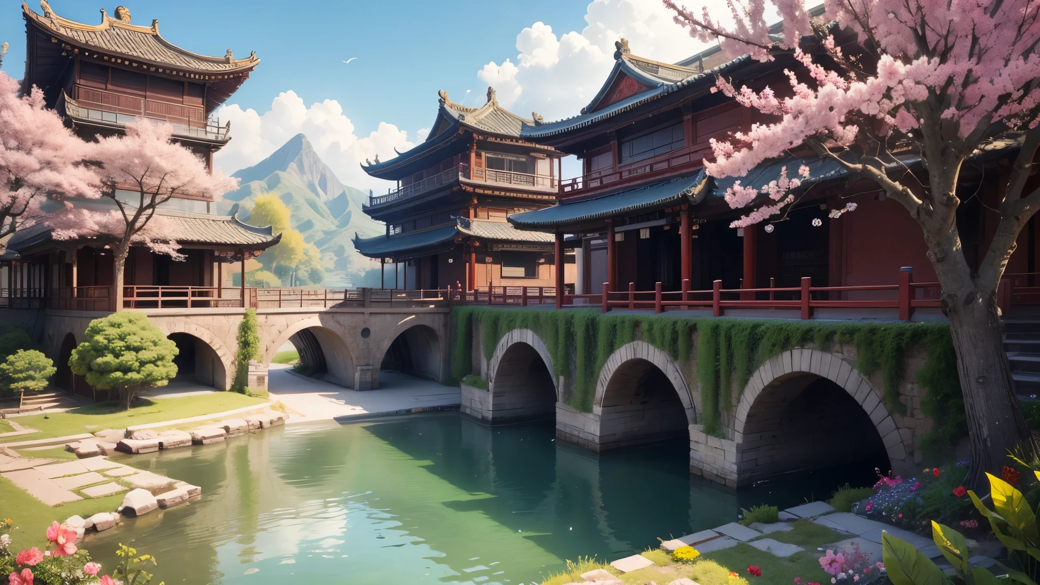 good quality, ultra high resolution,masterpiece, (reality,detail,close up)in the sun,Blooming flowers,A bustling ancient Chinese city