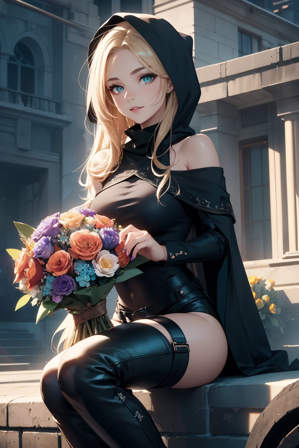 (best quality, 4k, 8k, highres, masterpiece:1.2), ultra-detailed, detailed face, detailed lips and eyes, attractive appearance, expressive face, anime style, BREAK Valerie the Thief beautiful caucasian woman with messy wavy (shoulder length:1.3) blonde hair, 23 years old, ((big eyes)), (brown eyes:1.4), brown eyebrows, fair skin, lean and athletic, BREAK detailed perfect fingers, perfect hands, detailed perfect face, intense blushing, short female, open mouth, smirk, arrogant caring slightly shy and slutty expression, (solo:1.2), BREAK (black theme:1.5), (black leather choker), (Little Black Riding Hood:1.5), (black leather hood with glowing teal metallic embroidered details:1.3), (black elegant slim-fit striped ripped distressed trousers or hotpants:1.2) or worn out jeans, (luxurious knee height black stiletto boots:1.3), BREAK (teal theme), (beautiful deep teal knitted silk turtleneck:1.3), smoky teal and red makeup, BREAK refined glowing lavender lipstick, BREAK urban background, alluring diverse and dynamic poses, (riding (motorcycle or sports car)):1.3, attack, motion, instagram, ray tracing,((((holding a big bouquet of flowers in her hands)))), (((smile))), (((happy)))