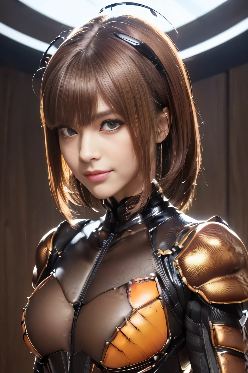 (High resolution,masterpiece,highest quality,Very detailed CG, anime, official art:1.4), realistic, photograph, amazing detail, everything is complicated, shiny and glossy,Amazing number of layers, 8K wallpaper, 3D, sketch, cute, figure,( alone:1.4), perfect female proportions,villain&#39;s daughter, (Fusion of dark brown cockroach and lady:1.4), (brown cockroach woman:1.2), (brown cockroach woman:1.2), (Fusion:1.2), (alone:1.4), (evil smile:1.2), muscular, abs, (Cockroach brown exoskeleton bio insect suit:1.4), (Cockroach brown exoskeleton bio insect armor:1.2), (brown transparent cockroach feathers:1.4), (Antennae of brown cockroaches:1.3),