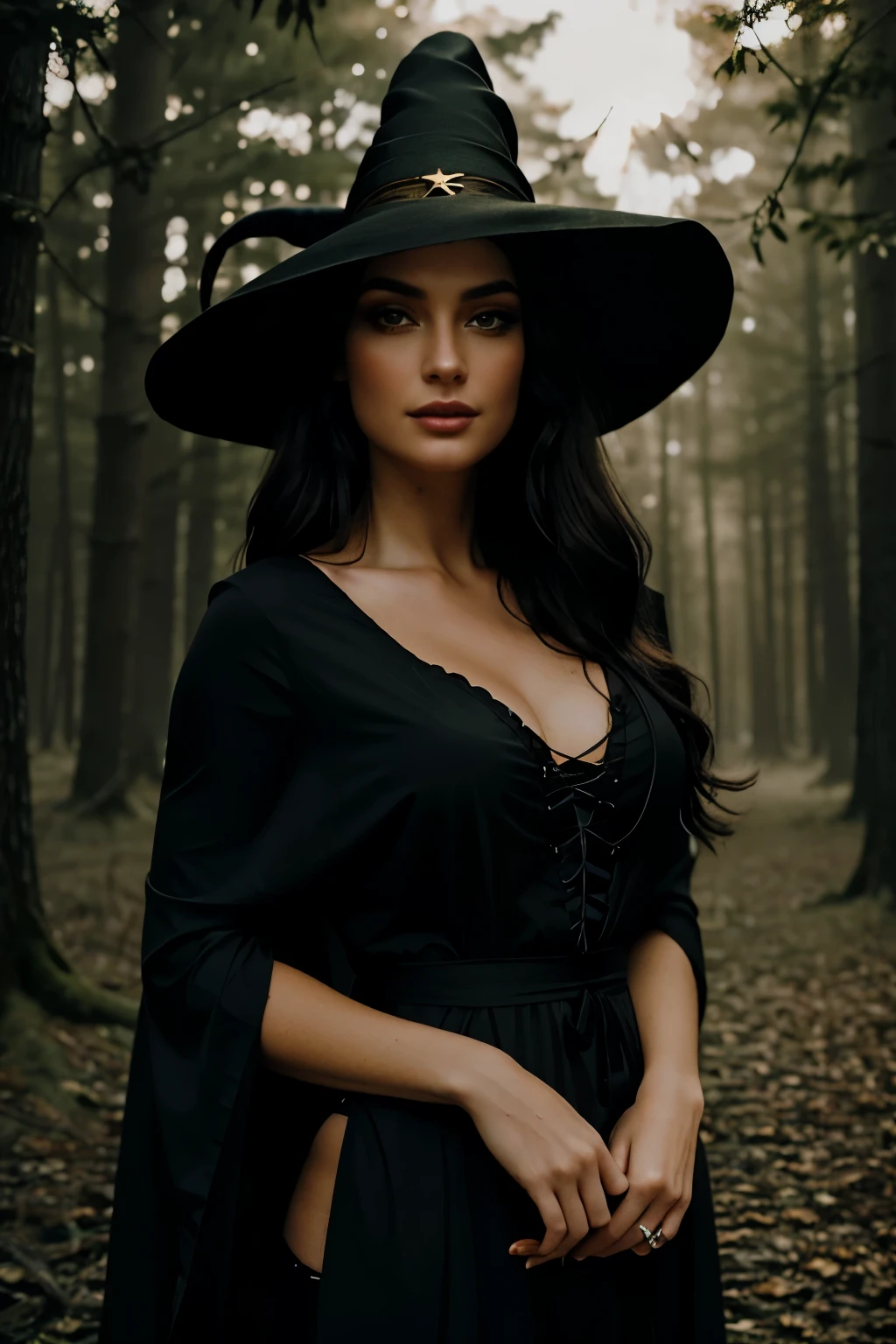 (Best quality, Ultra-detailed, Golden ratio, Masterpiece: 1.1), Cinematic photo of a beautiful, sexy witch with long, black hair and emerald green eyes, set against the backdrop of a mystical, moonlit forest, (High contrast: 0.8), (Subtle, unearthly glow: 0.5), Wearing a flowing, dark robe, chestnut skin, captivating smile, (Volumetric lighting: 0.9), (Natural, witchy makeup: 1.4), Long, seductive lashes, Wild, untamed hair, (Foliage and twigs: 0.5), Eth