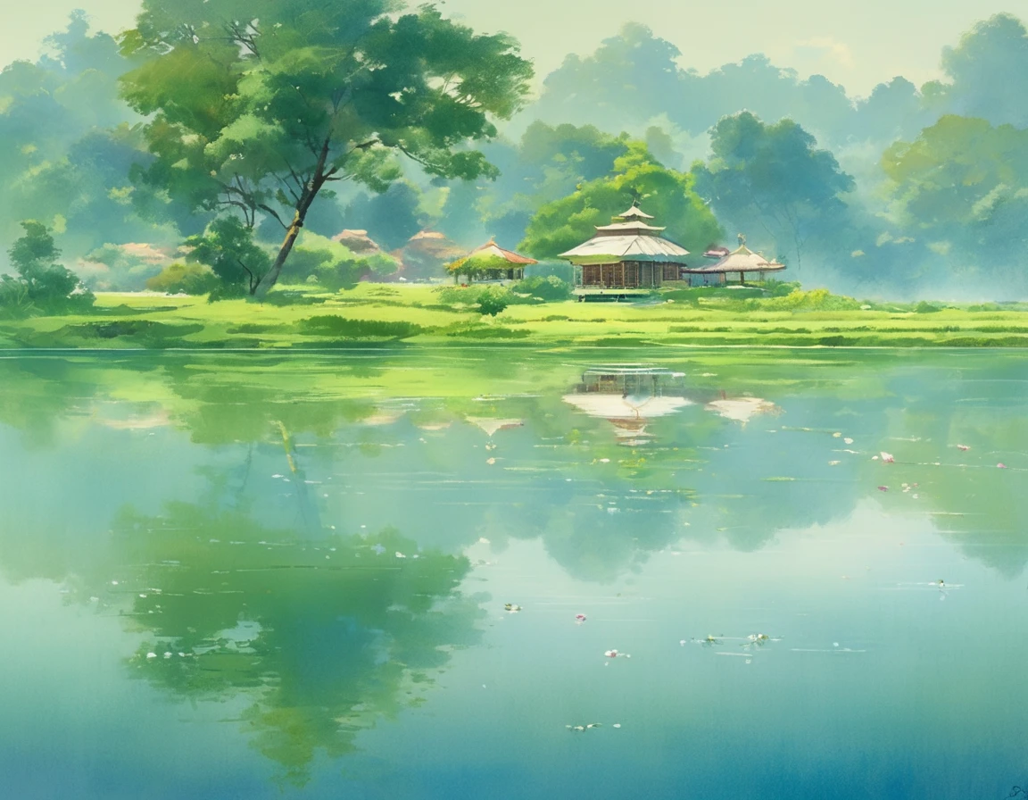 In a serene countryside, bathed in the soft hues of dawn, lies a landscape that epitomizes perfect symmetry. The centerpiece is a tranquil lake nestled between two majestic mountains, with their peaks mirrored flawlessly in the crystal-clear water. The scene is framed by a canopy of towering trees, their branches stretching symmetrically towards the azure sky. A gentle mist hovers above the water's surface, adding an ethereal quality to the symmetry that surrounds. Verdant meadows stretch outward on either side of the lake, their lush greenery mirroring one another, showcasing nature's balance and harmony. This symmetrical landscape is a breathtaking testament to the beauty of equilibrium in the natural world.