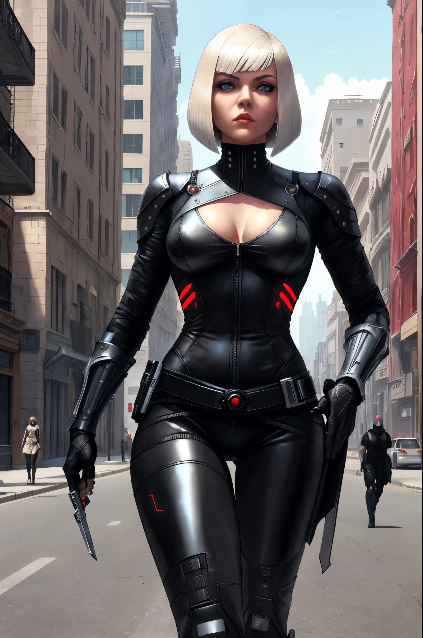 1 beautiful female, heavy metal , bobcut, fututristic, city street, assassin