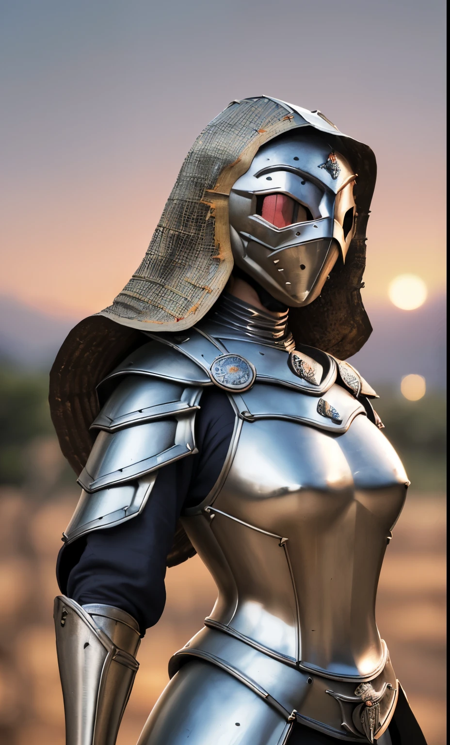 (obra de arte), (extremamente complexo:1.3), (Realista), retrato de uma , a mais bonita do mundo, (armadura medieval), metallic reflections, tronco, ao ar livre, luz solar intensa, castelo distante, fotografia profissional de uma mulher deslumbrante detalhada, sharp focus, Dramatic, premiado, Cinematic lighting, octano render motor irreal, volumetric dtx, (film grain, fundo desfocado, primeiro plano desfocado, bokeh, profundidade de campo, sunset, desfoque de movimento:1.3), cota de malha