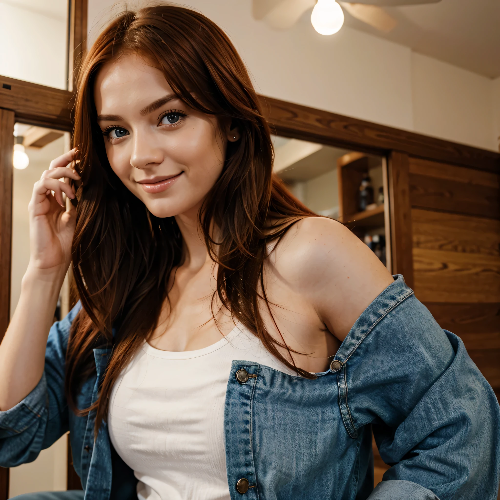 Create a beautiful girl with red hair, blue eyes, long hair down to her neck, smiling.