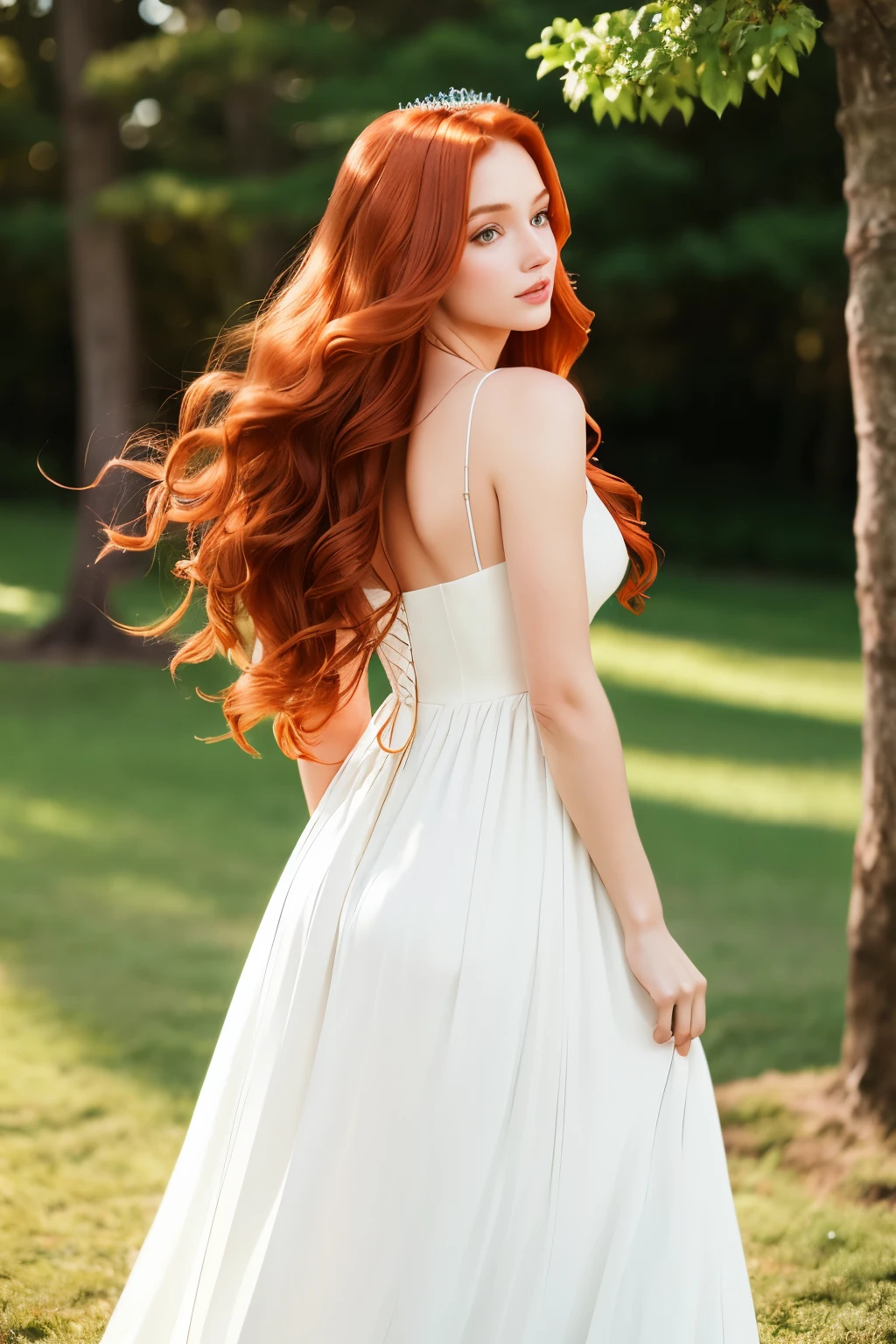 ( masterpiece, top quality, best quality,8k,17 years old girl,ultra detailed,raw photo:1.5),(photorealistic:1.4), (long red hair:1.5), (cinematic lighting), PerfectNwsjMajic, , Surrealism, uhd, ccurate, Super detail, textured skin, High detail, Best quality, dynamic angle, (high nose,White skin),[Beautiful blue eyes],[flat chest:large breasts:0.5],(1girl),(good anatomy:0.5)),(outside:1.5),dress，Smooth thighs