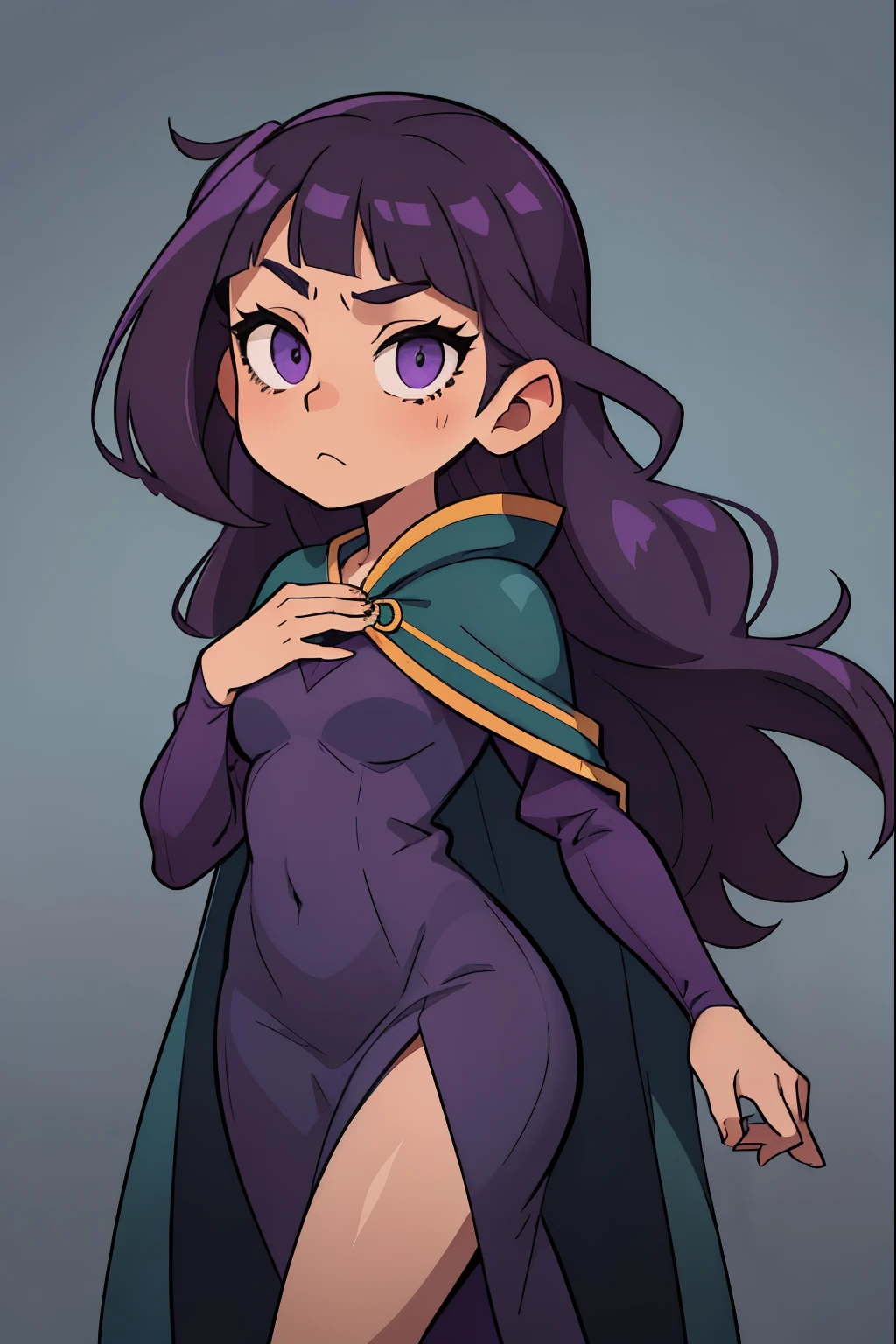 A tall girl, with wavy dark purple hair, with patterned purple eyes. She's wearing a dark gray dress, a light green cape on the shoulders. In the girl’s hands is a dark blue robe with a blue pattern..