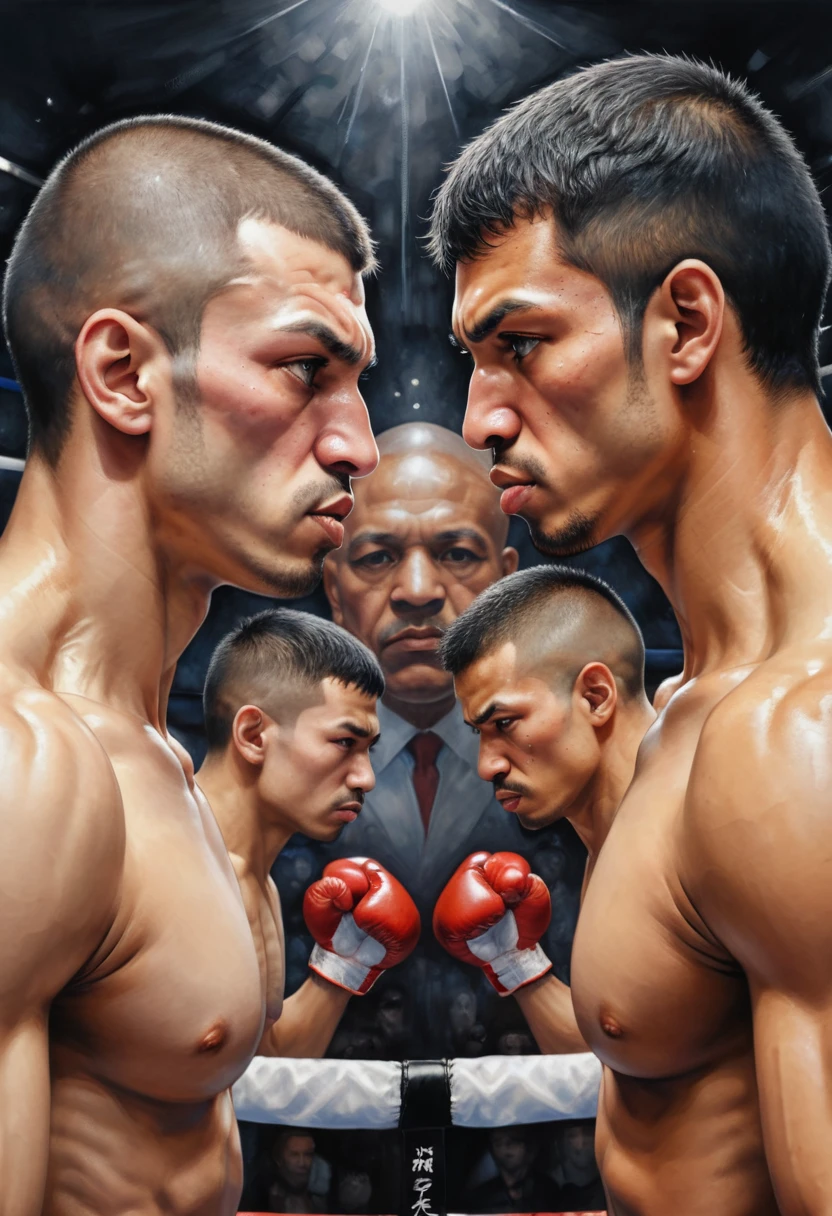 Symmetry, boxing, looking into each other eyes, (best quality, masterpiece, Representative work, official art, Professional, high details, Ultra intricate detailed:1.3)