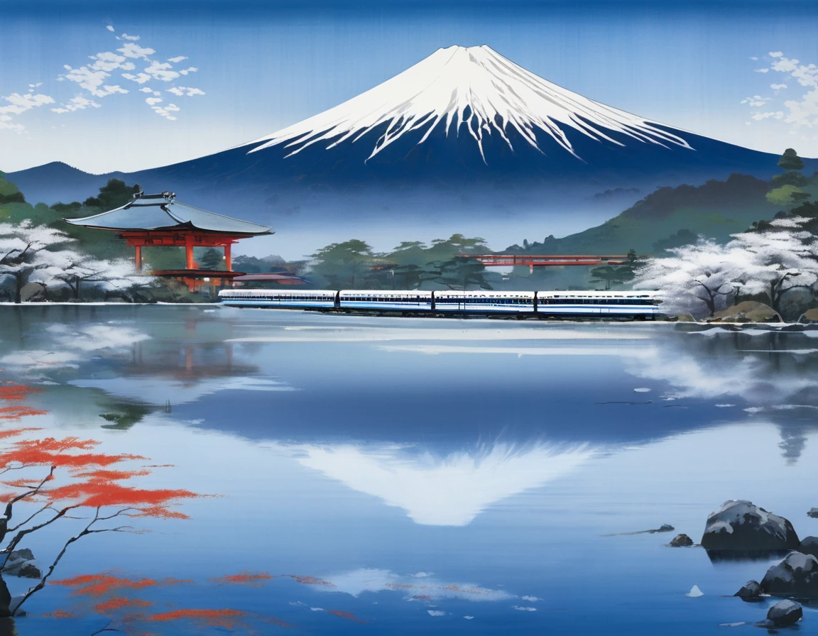 A captivating acrylic painting of Mount Fuji, with its iconic silhouette reflected in the tranquil waters of a nearby lake. The mountain's snow-capped peak is a symbol of endurance and beauty, while the serene waters represent the balance and harmony of nature. In the foreground, a sleek Shinkansen bullet train cuts through the landscape with precision, symbolizing the blend of tradition and modernity in Japanese culture. The overall composition is a stunning display of symmetry and Japanese aesthetic principles, with each element carefully balanced and in harmony with the others.