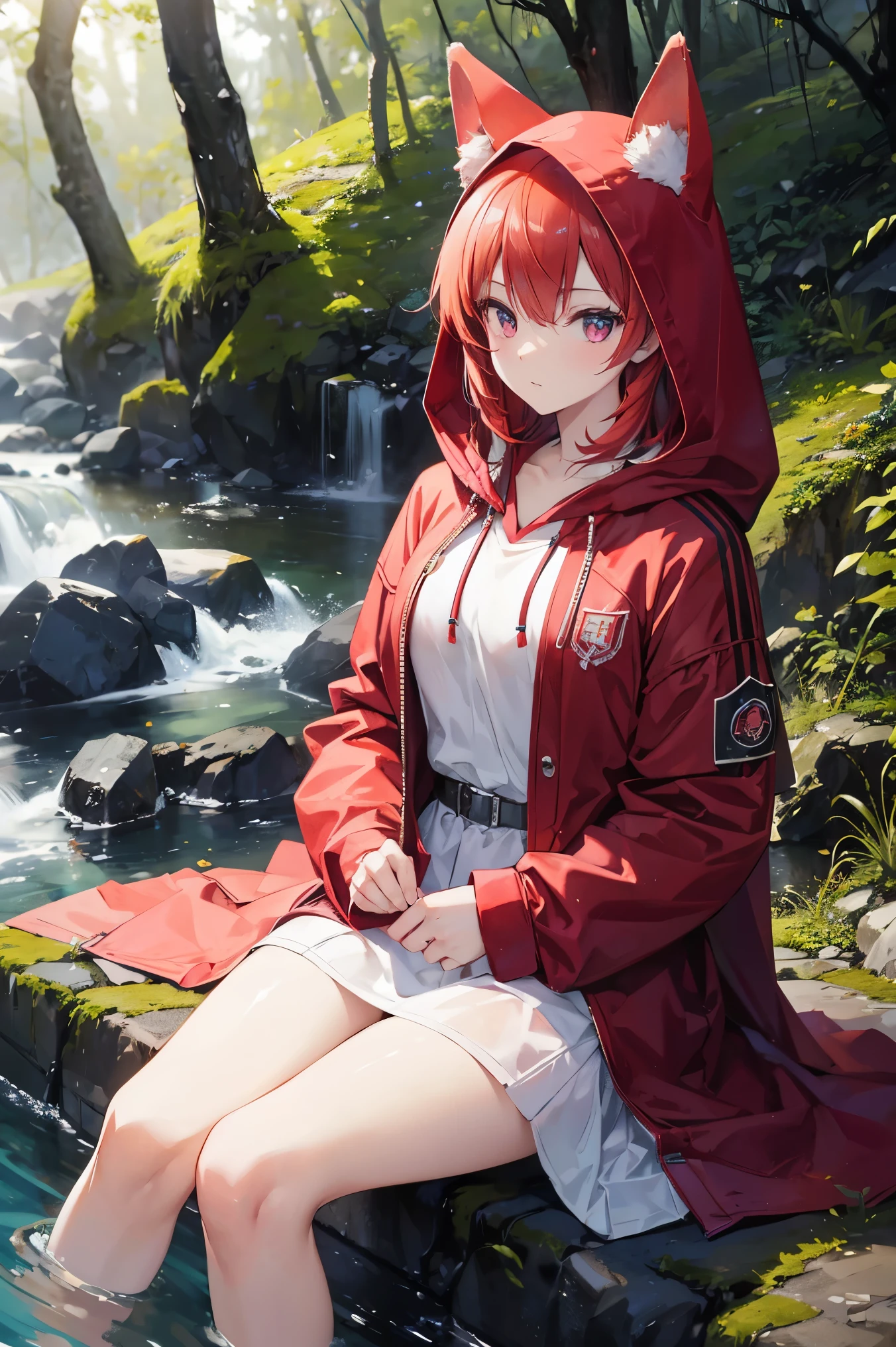 8k, best quality, (lifelike:1.4), original photo, 1 girl, Red hair, animal ears, hooded cloak, posture: sitting on rocks in forest river, pink eyes,  