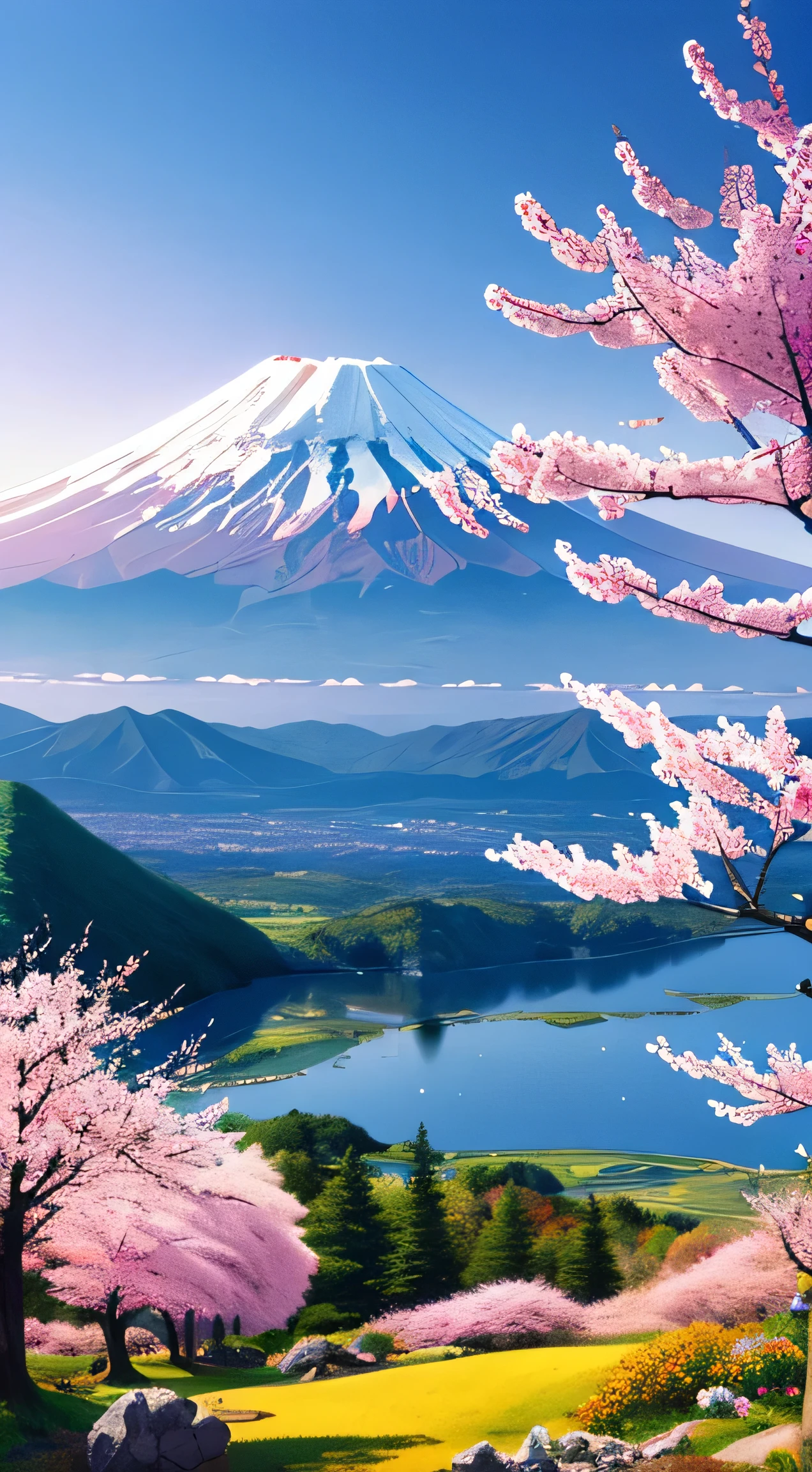 beautiful mountain painting. Mt.Fuji in spring , Moody and meaningful scenes in the style of Thomas Kinkade ,HD 4K , seamless texture, watercolor、cherry blossoms、