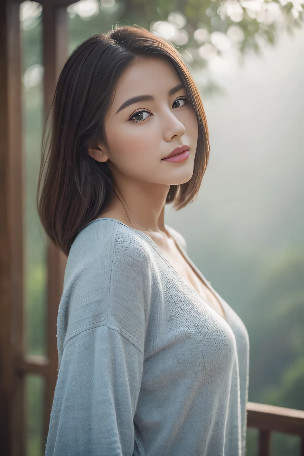 (highest quality,8ｋ,圧倒的にbeautiful:1.2),(beautiful、beautiful realistic woman),What to wear when going to the mountains、perfect body、clear eyes、beautiful skin、gravure、Universal beauty、valley view、dense fog、Big tree:1.5、