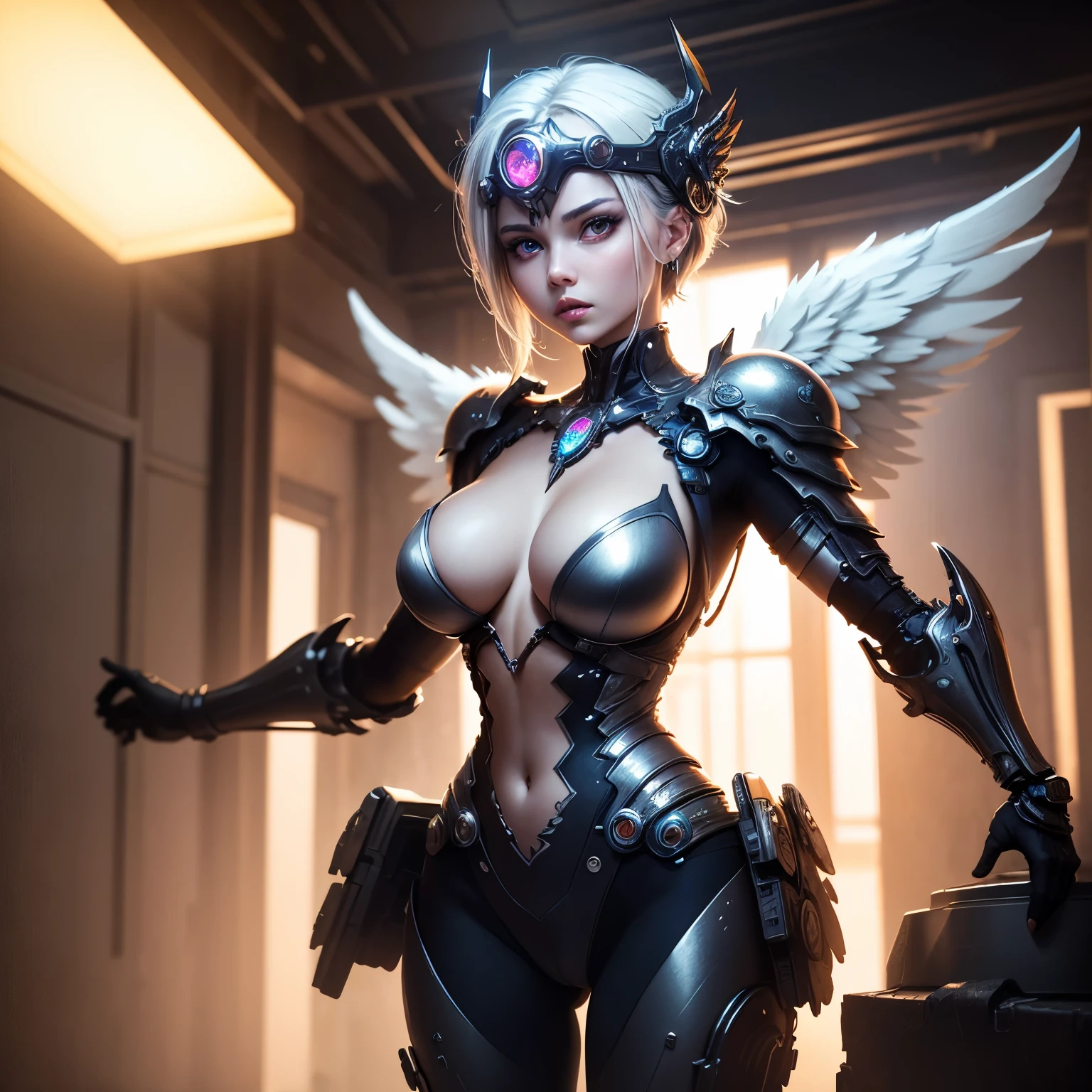 top-quality、masterpiece、超A high resolution、(Photorealsitic:1.4)、Raw photo、Steampunk Battle Cyborg Angel、large wings made of metal、White porcelain body、Acrylic Clear Cover、white hair、glowy skin、1 Cyborg Girl、((super realistic details))、portlate、globalillumination、Shadow、octan render、8K、ultrasharp、character edge light,Colossal tits、Raw skin is exposed in cleavage、Details of complex ornaments、Sumerian details、Hydraulic cylinder、Small LED lamp、highly intricate detail、Realistic light、a purple eye、radiant eyes、Facing the camera、neon details、cowboy shot、Futuristic headgear、About Cyberpunk、、