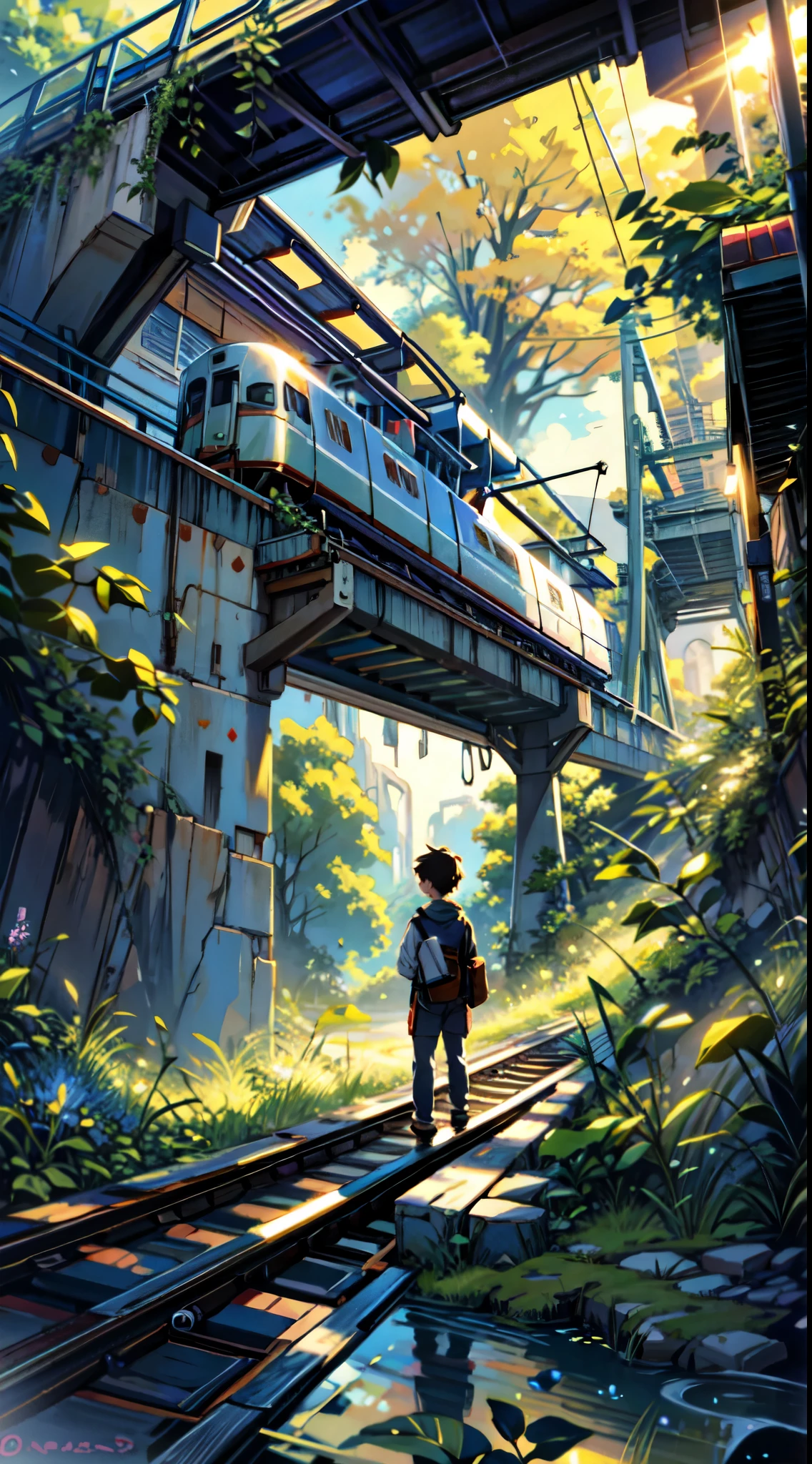 (best quality, 4k, 8k, highres, masterpiece:1.2), ultra-detailed, (anime: 1.2), A boy standing on the ground, looking up at a bridge with a train passing over. The boy is gazing in awe, completely absorbed in the sight. The bridge is sturdy and spans across the scene, adding depth and a sense of connection. On the bridge, there are lush plants and greenery, creating a vibrant and lively atmosphere. The plants are overflowing with leaves and flowers, making the bridge a beautiful sight to behold. The boy's eyes are filled with wonder and curiosity as he takes in the magnificent view above him. The scene is bathed in warm sunlight, casting a soft glow on everything it touches. The colors are vivid and vibrant, accentuating the beauty of the surroundings. The details of the boy's face, such as his bright eyes and smiling lips, are intricately captured, adding depth and realism to the overall image. The image quality is of the highest standard, with every detail and nuance carefully defined and brought to life. This prompt is meant to create a visually stunning artwork, with an emphasis on realism and the awe-inspiring nature of the scene. makoto shinkai cyril rolando, atey ghailan 8 k, emotional concept art, guweiz and makoto shinkai, anime art wallpaper 8 k, a beautiful artwork illustration, 4k highly detailed digital art, anime art wallpaper 4k, anime art wallpaper 4 k, 4 k hd