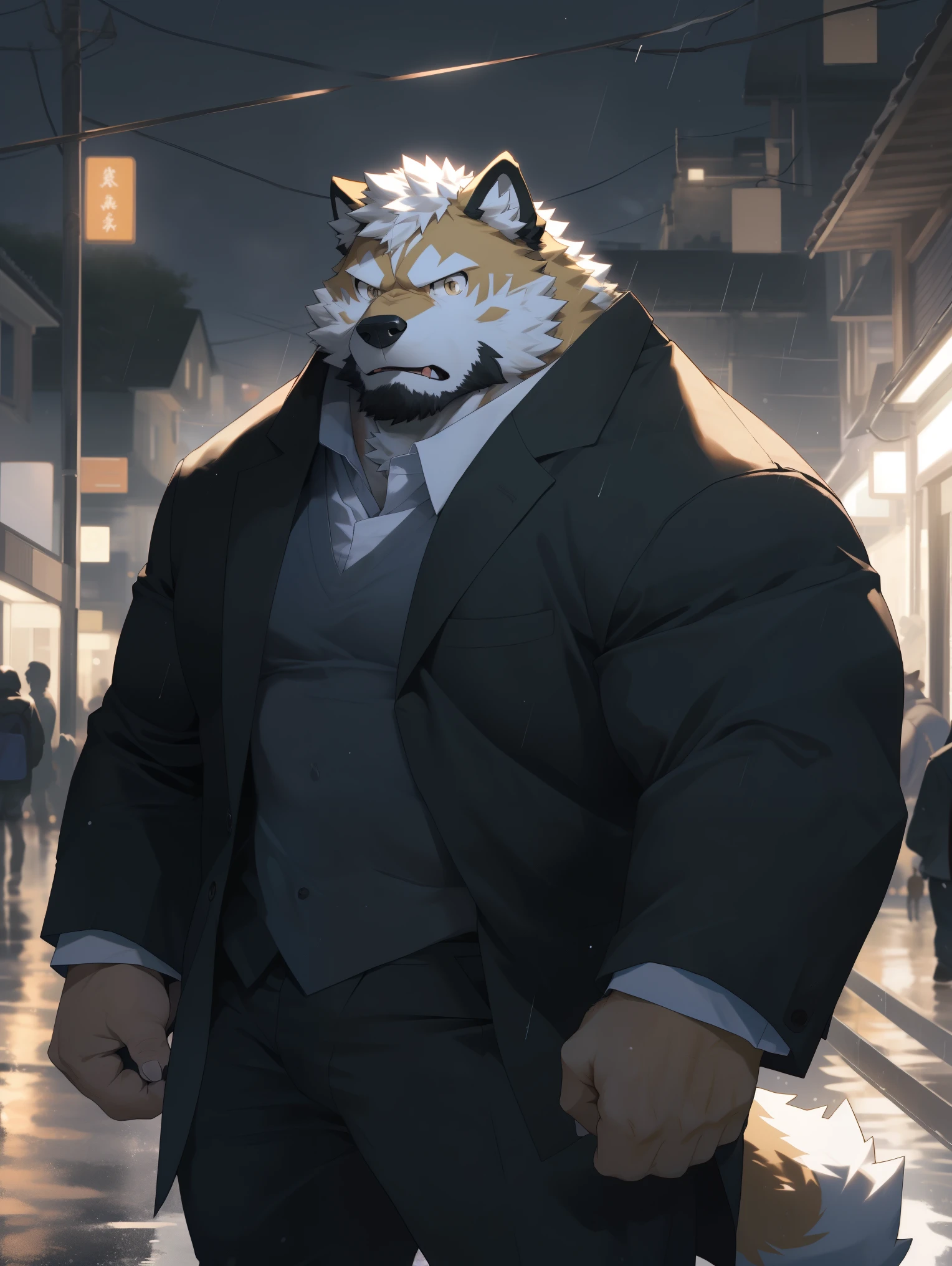 hairy，（Akita dog，white fur，light fur，light fur，School，）street at night，light，rain，fierce expression，obvious secondary sexual characteristics，strong，极其lifelike阴影，masterpiece，Very detailed，lifelike