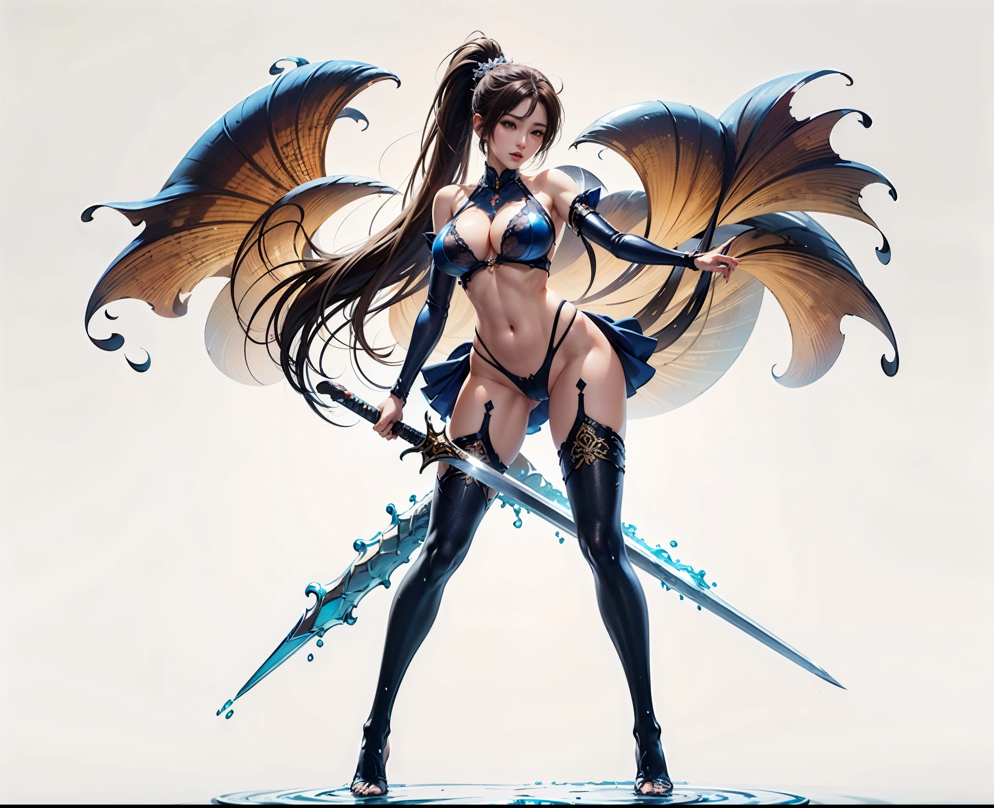 Replace the people in the picture,((8k+ultra high resolution+ultra high definition+masterpiece+detailed)),water goddess，splash，Beautiful sword，perfect face,supermodel,Delicate skin,[[[muscle]]],high ponytail,huge breasts,(((Anatomically correct))) ,