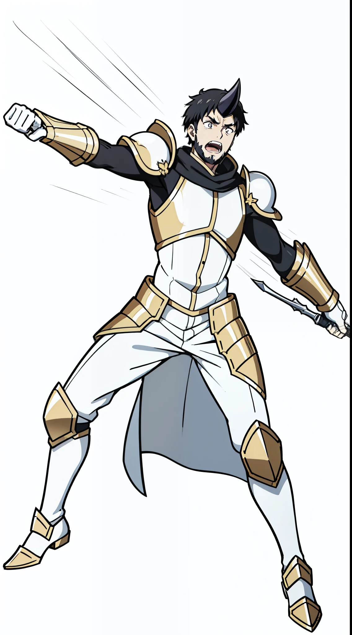 1boy,20 years old,black horn,short hair,black hair,white cape,goatee,(golden armor),(white background,line drawing),serious,open mouth,action pose,attacking,