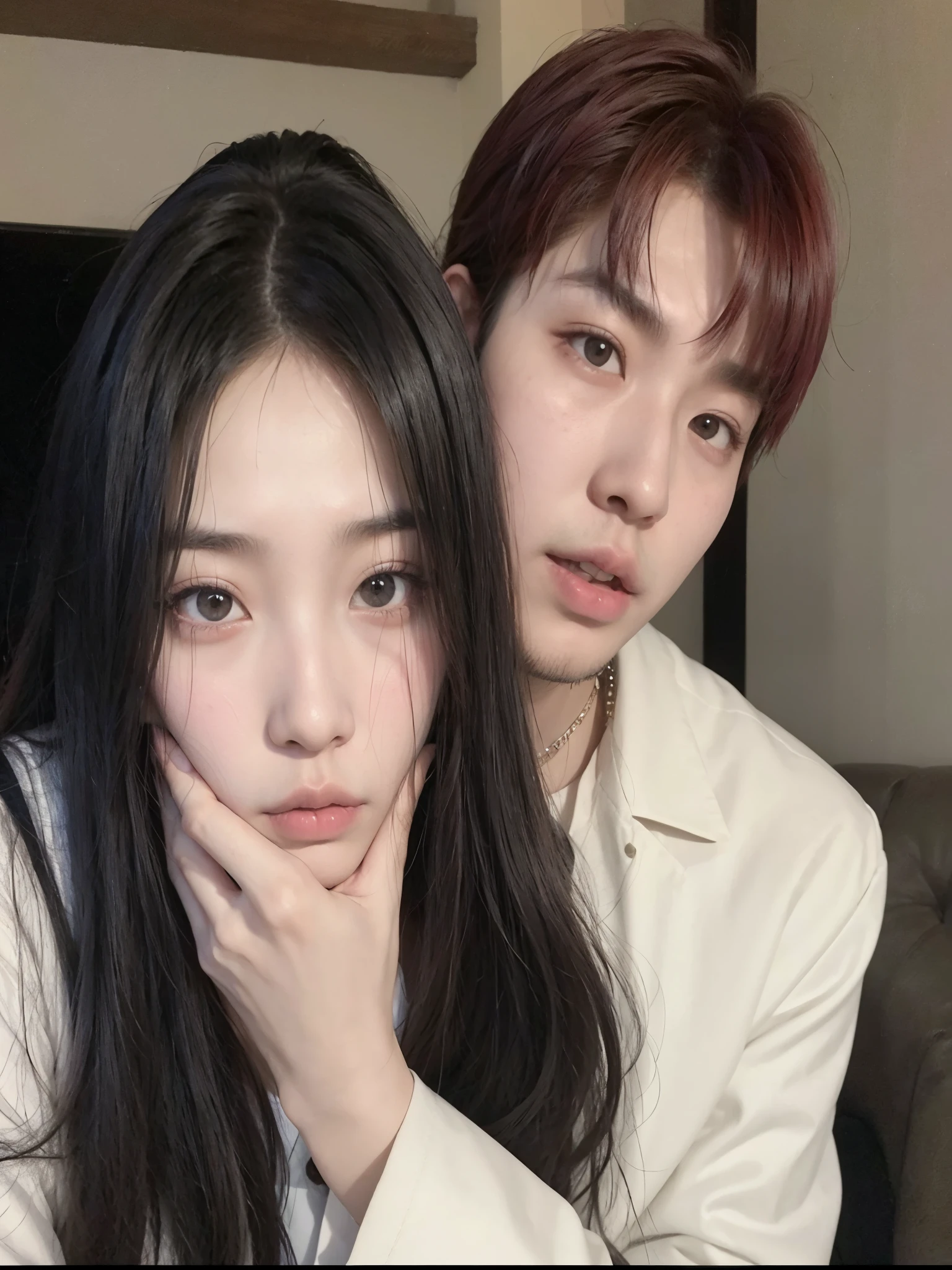 Araffada Asian couple posing for a selfie with a fake face, kda y sam que, son pixivs y junji, ulzzang, nixeu y sakimichan, 😭🤮 💔, 😭 🤮 💕 🎀, cai xukun, foto de perfil, kim taejin, sun yunjoo, ❤🔥🍄🌪