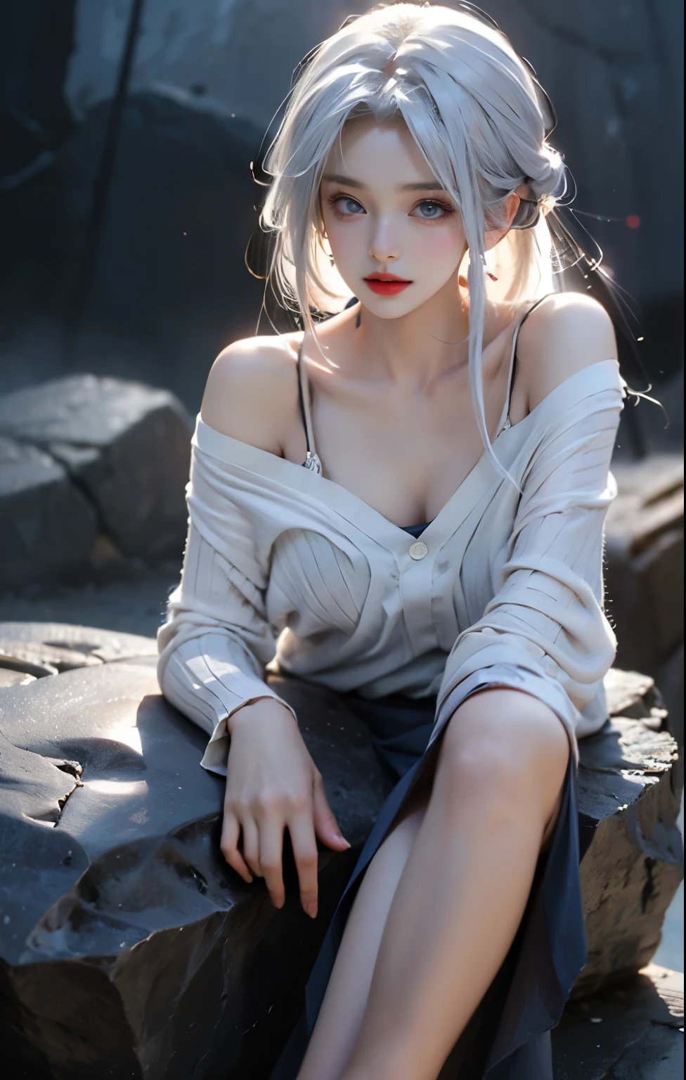 8k,artwork,modern hanfu,clavicle, ((bare shoulders)), ((whole body)), actual, Fashion girl, red lips, aldult, cosmetic, big eyes, beautiful eyes, ((whole body)), ((from below)), (best quality, masterpiece:1.2), super detailed, (actual:1.37), ((Sexy long legs)), beautiful, young and energetic, Charming model with (exquisite eyes, Detailed lips, extremely exquisite eyes), Show a bright smile, Create stunning girl images, warm color, Extremely high color saturation, official art, Extremely detailed CG unified 8k wallpaper,(high dynamic range :1.4), (Work),(pastel colors, The color is dull, soothing tone :1.3), (natural skin texture, ultra-actual, soft light, sharp),(Very detailed), night, moonlight, ((in the mountains, plant, Leaning against the rocks)),delicate face,Hate,High cold face,big breasts,delicate face,White hair,Distribute,Being pinched by the neck,facial close-up