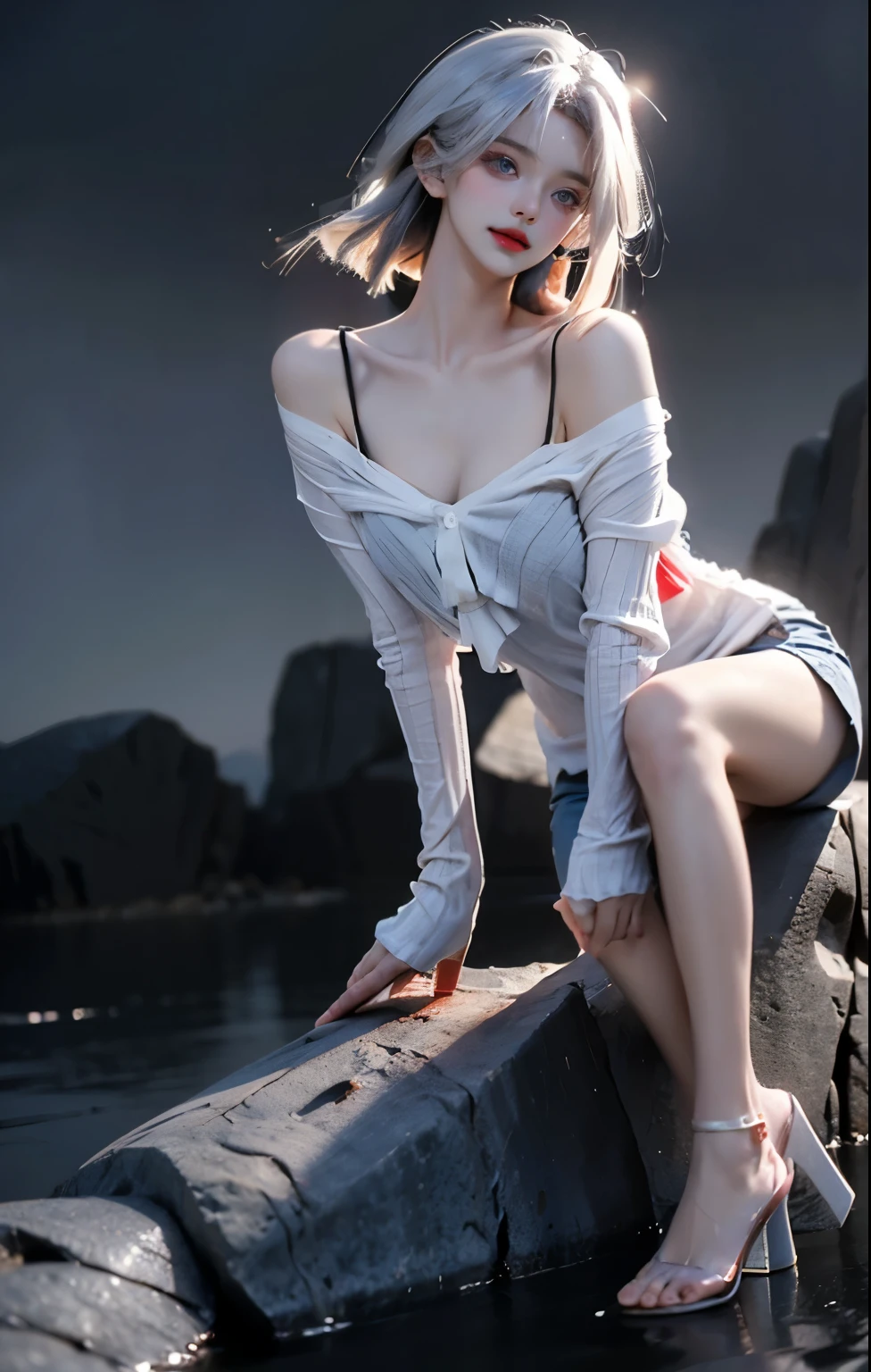 8k,artwork,modern hanfu,clavicle, ((bare shoulders)), ((whole body)), actual, Fashion girl, red lips, aldult, cosmetic, big eyes, beautiful eyes, ((whole body)), ((from below)), (best quality, masterpiece:1.2), super detailed, (actual:1.37), ((Sexy long legs)), beautiful, young and energetic, Charming model with (exquisite eyes, Detailed lips, extremely exquisite eyes), Show a bright smile, Create stunning girl images, warm color, Extremely high color saturation, official art, Extremely detailed CG unified 8k wallpaper,(high dynamic range :1.4), (Work),(pastel colors, The color is dull, soothing tone :1.3), (natural skin texture, ultra-actual, soft light, sharp),(Very detailed), night, moonlight, ((in the mountains, plant, Leaning against the rocks)),delicate face,Hate,High cold face,big breasts,delicate face,White hair,Distribute,Being pinched by the neck,facial close-up