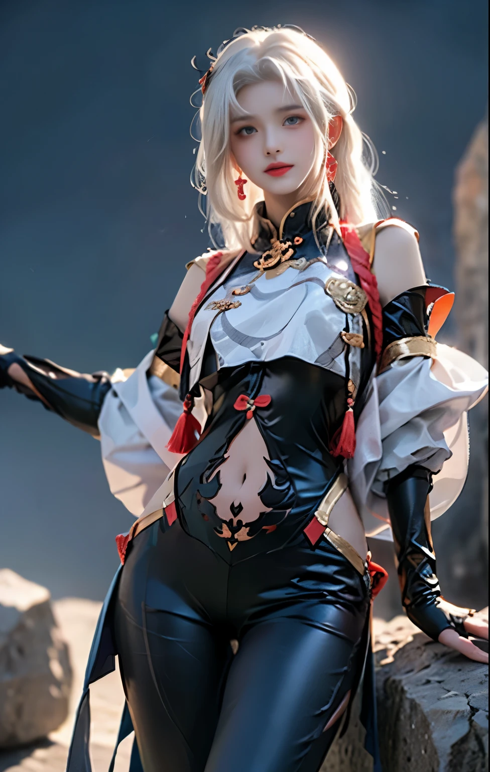 8k，artwork，modern hanfu,clavicle, ((bare shoulders)), ((whole body)), actual, Fashion girl, red lips, aldult, cosmetic, big eyes, beautiful eyes, ((whole body)), ((from below)), (best quality, masterpiece:1.2), super detailed, (actual:1.37), ((Sexy long legs)), beautiful, young and energetic, Charming model with (exquisite eyes, Detailed lips, extremely exquisite eyes), Show a bright smile, Create stunning girl images, warm color, Extremely high color saturation, official art, Extremely detailed CG unified 8k wallpaper,(high dynamic range :1.4), (Work),(pastel colors, The color is dull, soothing tone :1.3), (natural skin texture, ultra-actual, soft light, sharp),(Very detailed), night, moonlight, ((in the mountains, plant, Leaning against the rocks))，delicate face，Hate，High cold face，big breasts，delicate face，White hair，Distribute，Being pinched by the neck，facial close-up