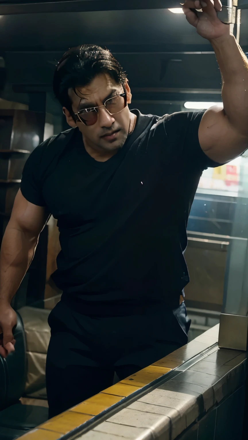 Salman khan in India police attire wearing glasses shooting a bear bottle, cinematic,near station , sideways train is coming ,camera angle is little tilted showcasing a fight cinematic scene