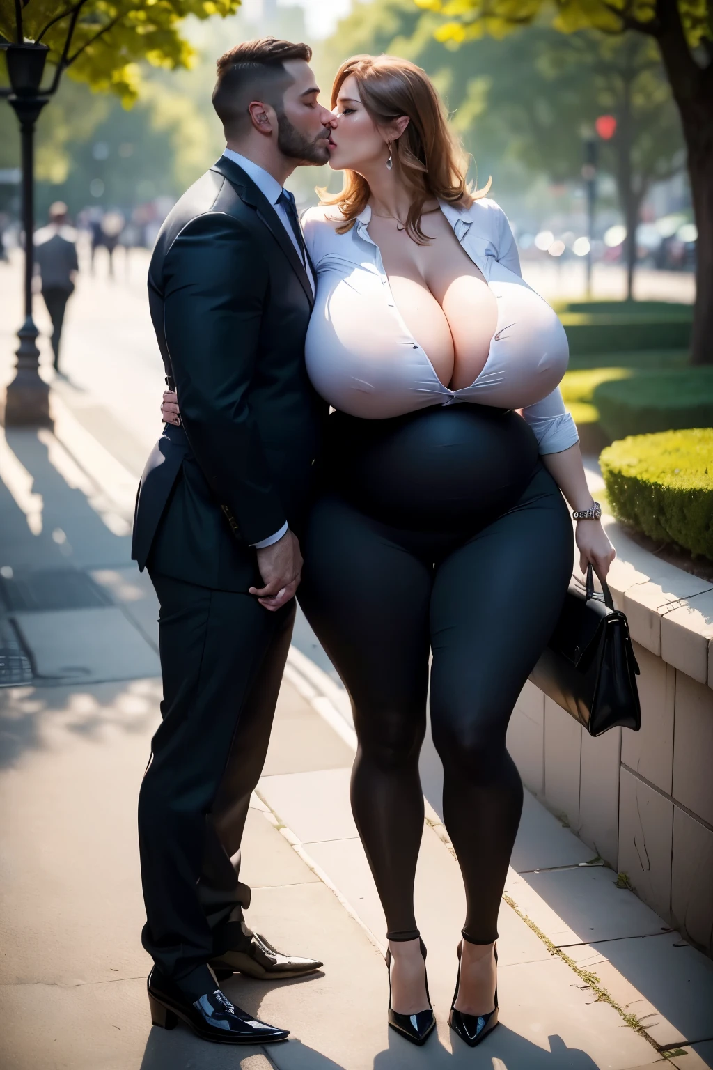 A 35 years old woman and her handsome husband, ((devotedly kissing each other)) in the park, the woman has a face like Chelsea Charms, she is wearing a business shirt with deep cleavage, business trousers, high heels, (extremely huge saggy breast:1.3), slim waist, wide hips, medium pregnant belly