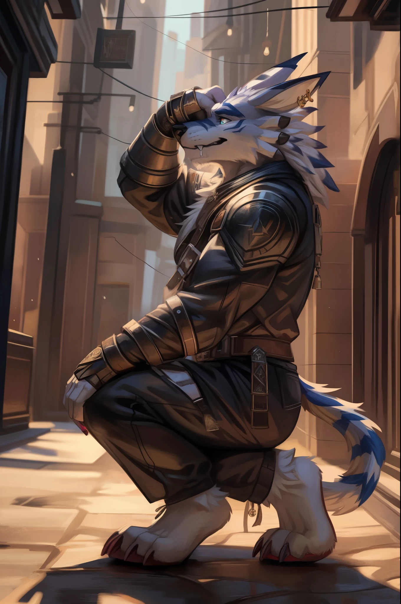 (((Barefoot furry character, full body, cinematic setting, furry male)))
Barefoot (hypnotised) WereGarurumon wears ((black ninja suit)), get down on one knee as if praying, detailed paws with claws, blue fur, in a trance, a look of weak resistance to hypnosis on his face, hand on head as if he has headache, (drooling), ((red glow in his eyes)), side view
BREAK, detailed background, 8K, (masterpiece:1.5), intricate details, highly detailed, extreme detail, octane render, tritone image, fine art, best quality, highres, (detailed face:1.5), ((full_body)), UHD, (((perfect hands)))