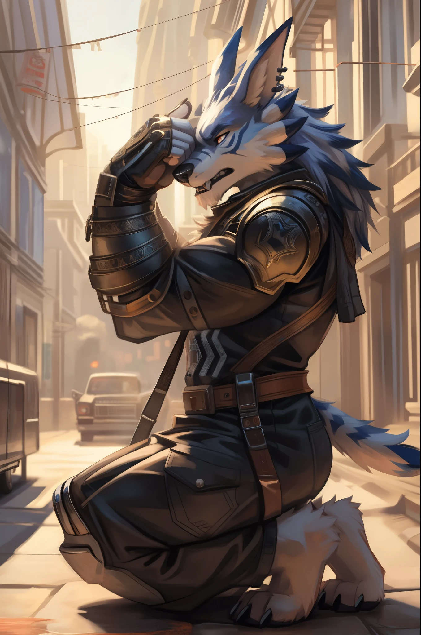 (((Barefoot furry character, full body, cinematic setting, furry male)))
Barefoot (hypnotised) WereGarurumon wears ((black ninja suit)), get down on one knee as if praying, detailed paws with claws, blue fur, in a trance, a look of weak resistance to hypnosis on his face, hand on head as if he has headache, (drooling), ((red glow in his eyes)), side view
BREAK, detailed background, 8K, (masterpiece:1.5), intricate details, highly detailed, extreme detail, octane render, tritone image, fine art, best quality, highres, (detailed face:1.5), ((full_body)), UHD, (((perfect hands)))