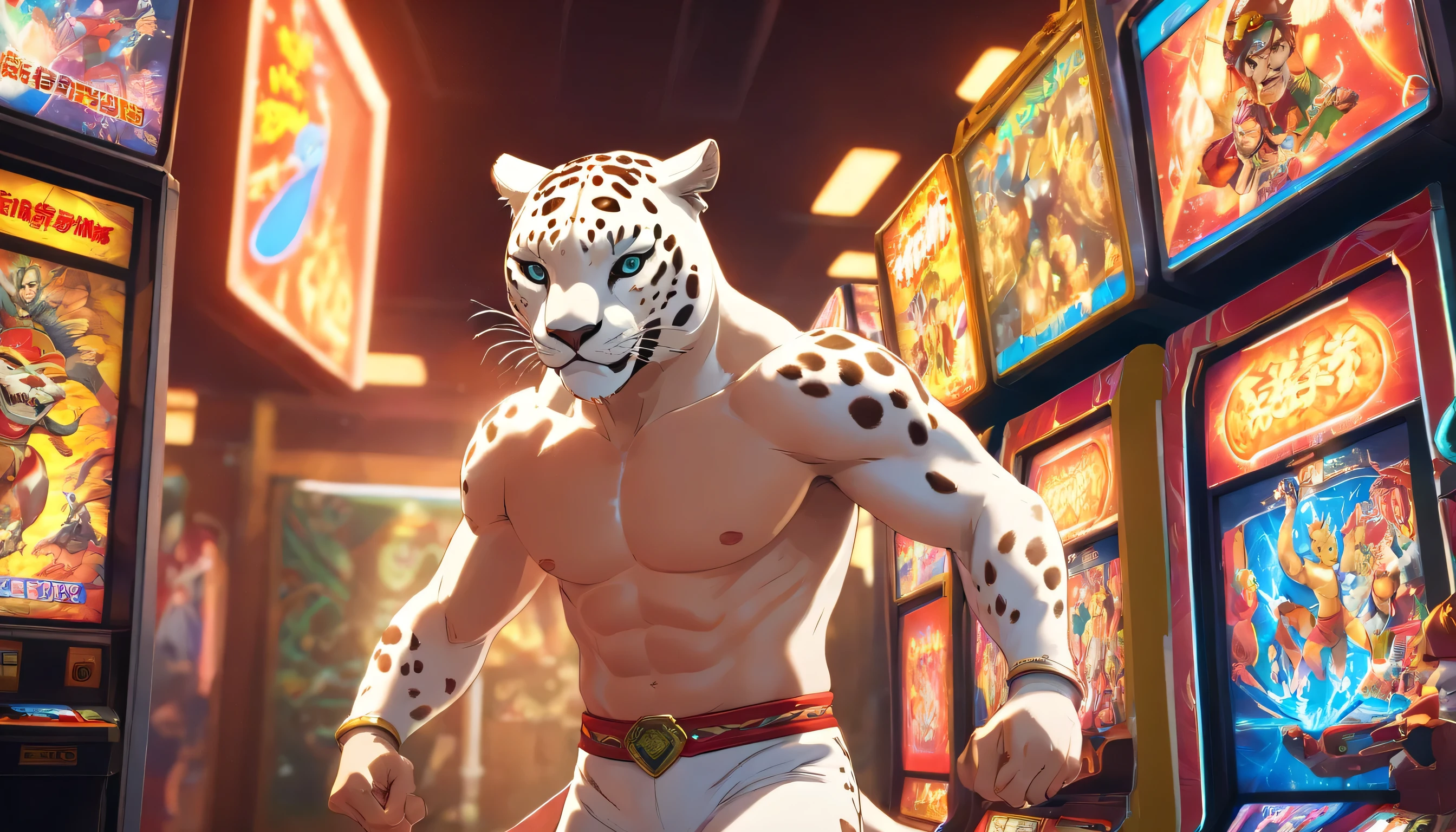 Mexico wrestler white jaguar mask (29 old) playing at an arcade machine, tattoos on his body, (Play tekken) cinematic film shot in 70mm, depth of field, vivid colors, (best quality,ultra-detalhado,Realistic:1.37), (8k, ARTISTIC photography, best quality, masterpiece: 1.2), (realistic, photorealistic: 1.37), over-detailed, (high-detail skin: 1.2), 8k UHD, SLR camera, soft lighting, high quality, film grain, cinematic lighting, photonic display, brightness, physically rendered photo, (dynamic pose ), extremely high-quality graphics, over-detailed face, (((cinematic lighting))), ((clear details)),