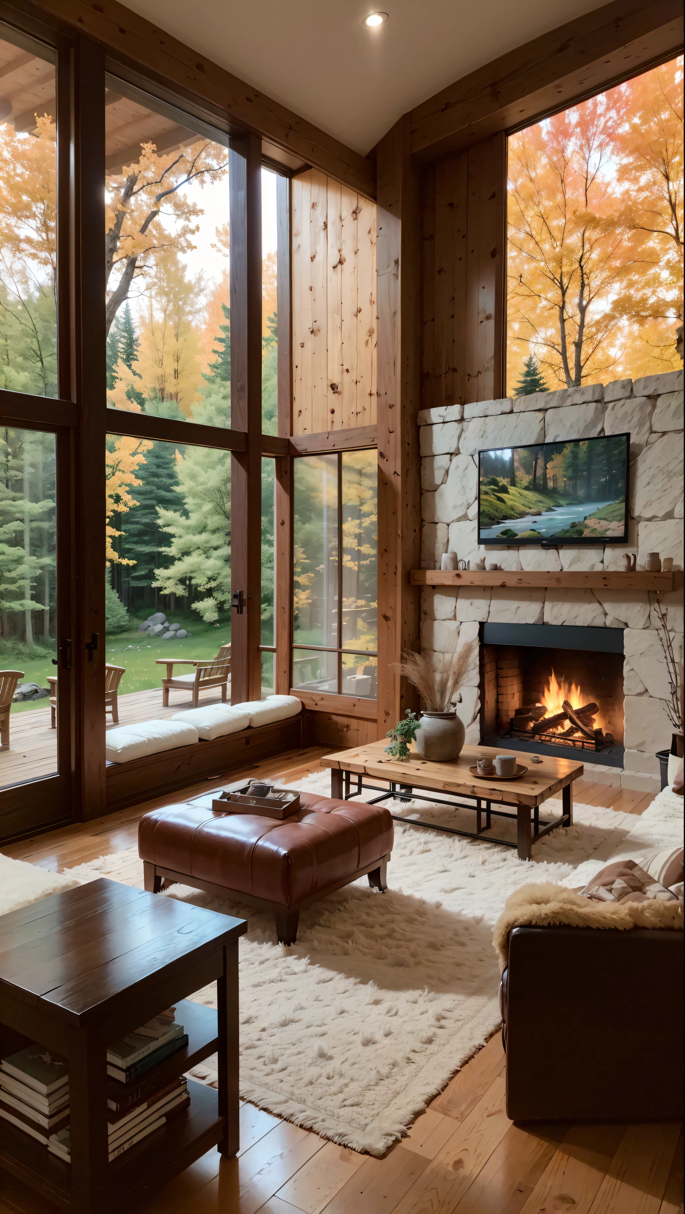 THIS EVENING WOODEN CABIN LIVING ROOM ANIME BACKGROUND, (COZY ATMOSPHERE), (SUBTLE LIGHTING), BRIGHT STONE FIREPLACE FIRE, LIONSKIN RUG THIS EVENING BEST QUALITY, TRANSPARENT GLASS WINDOWS