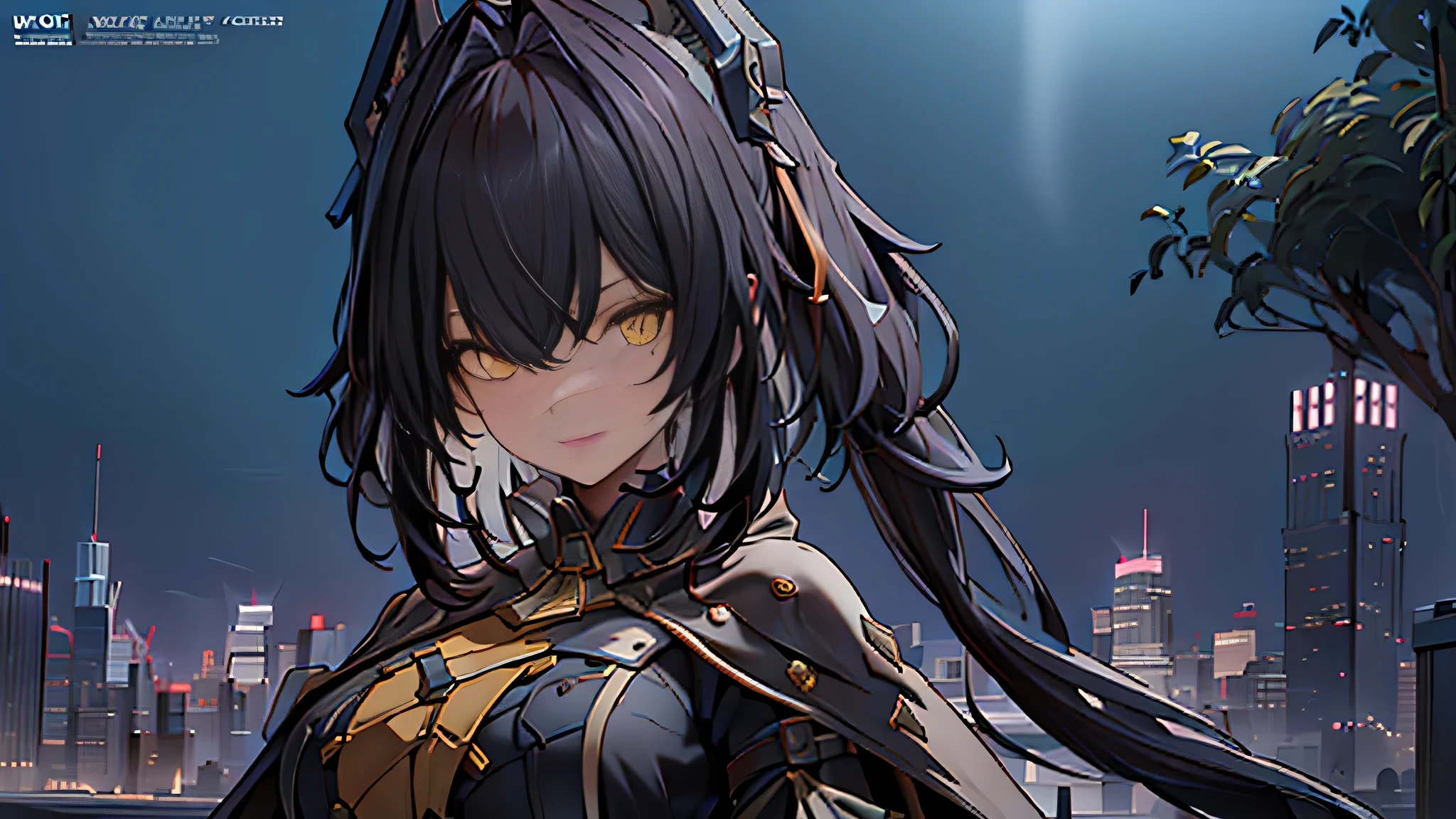 mauxirA1CB,1girl, solo,full view of body, standing, naughty face, smile, look at viewer, headgear, yellow eyes, sparkling eyes, mole under eye, dress, gloves, long hair, low twintails, cape, belt, long sleeves, , one person, stand alone on top of building, view of night city as background , 1 head, 2 hands, 2 legs , High Res , UHD , 4k , 8k ,The text is bold and eye-catching，With catchy slogans，Adds to the overall drama and excitement。The color palette is dominated by dark colors, poster , magazine cover ，Make the poster dynamic and visually striking，(Magazines:1.3), (Cover-style:1.3)