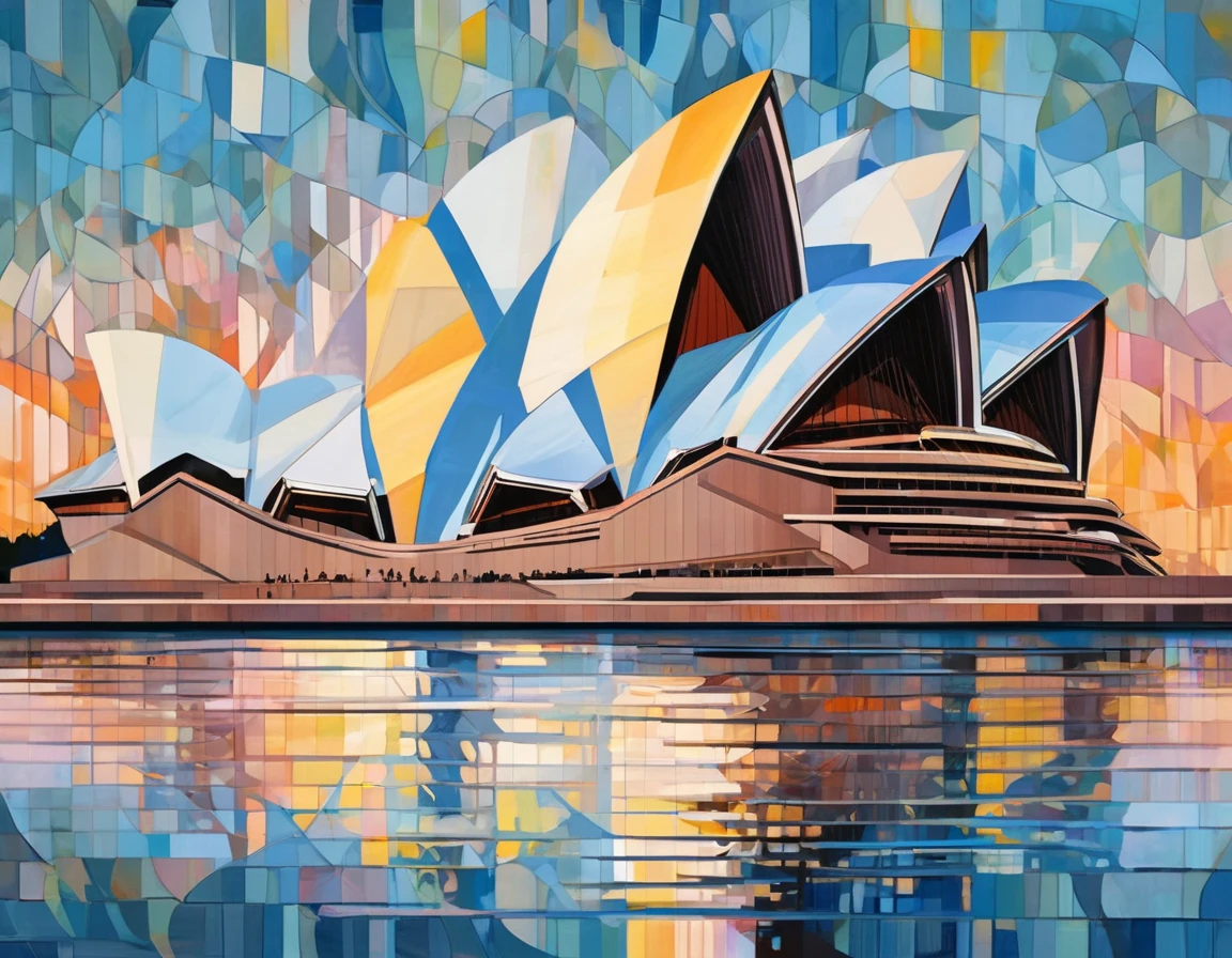 A mesmerizing acrylic illustration that captures the beauty and symmetry of the Sydney Opera House. The iconic sails of the Opera House are rendered with meticulous attention to detail, each arching curve perfectly balanced against its mirror image. The reflection of the Opera House in the tranquil waters of Sydney Harbour enhances the sense of harmony and equilibrium. Soft hues of dawn or dusk cast a warm glow upon the scene, adding depth and dimension to the symmetrical composition. The artwork captures the timeless beauty and architectural brilliance of the Sydney Opera House, accentuating its symmetrical design as a masterpiece of human creativity and ingenuity.
