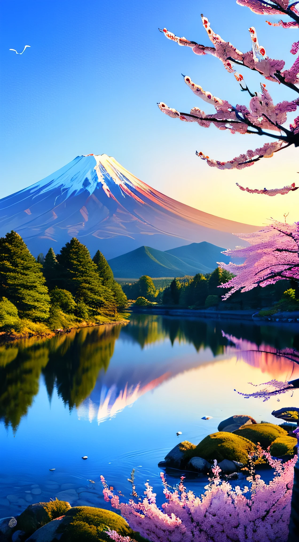 beautiful mountain painting. Mt.Fuji in spring , Moody and meaningful scenes in the style of Thomas Kinkade ,HD 4K , seamless texture, watercolor、cherry blossoms、