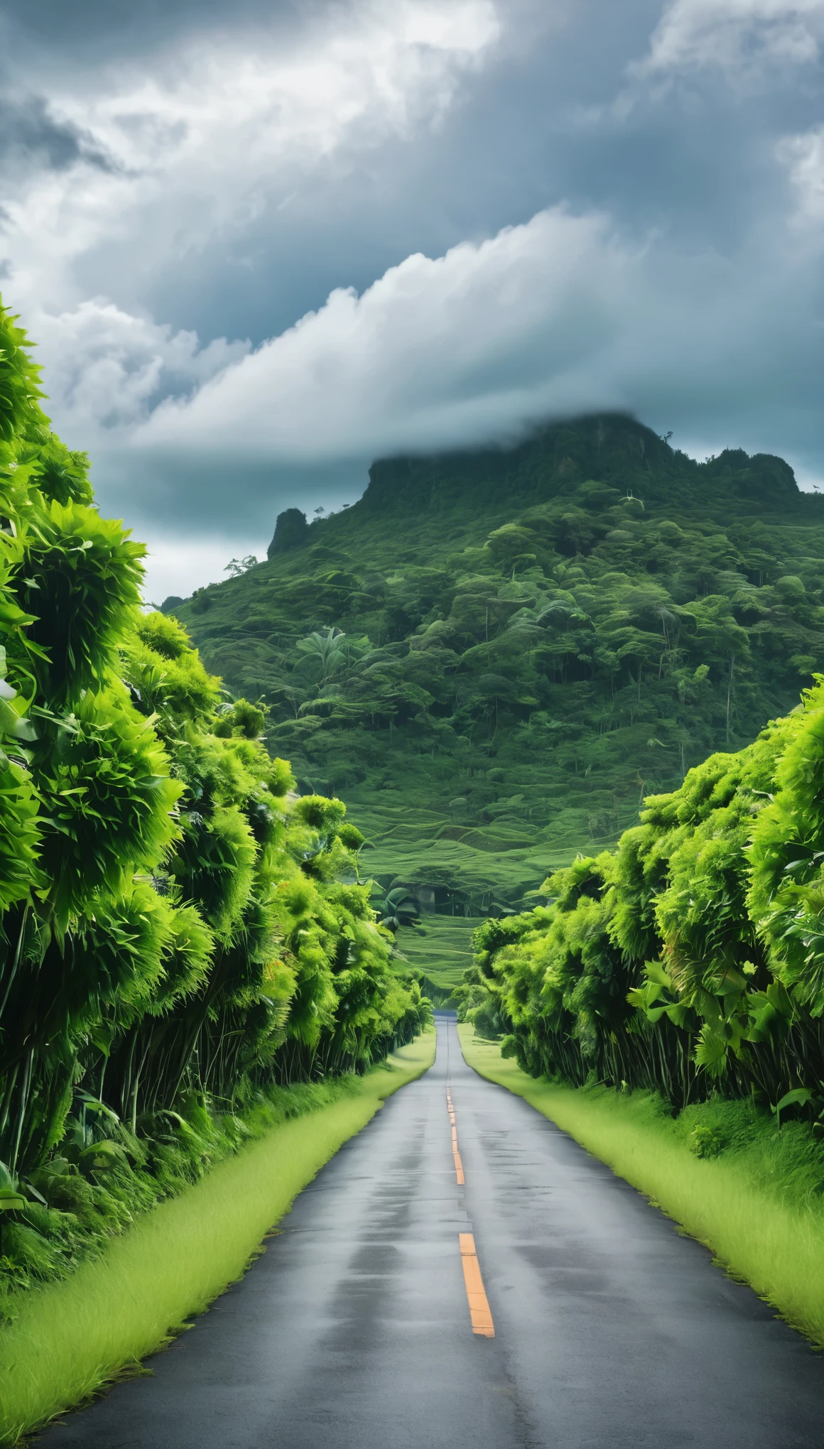 A paved road stretches into the distance, framed by lush greenery and a cloudy sky.