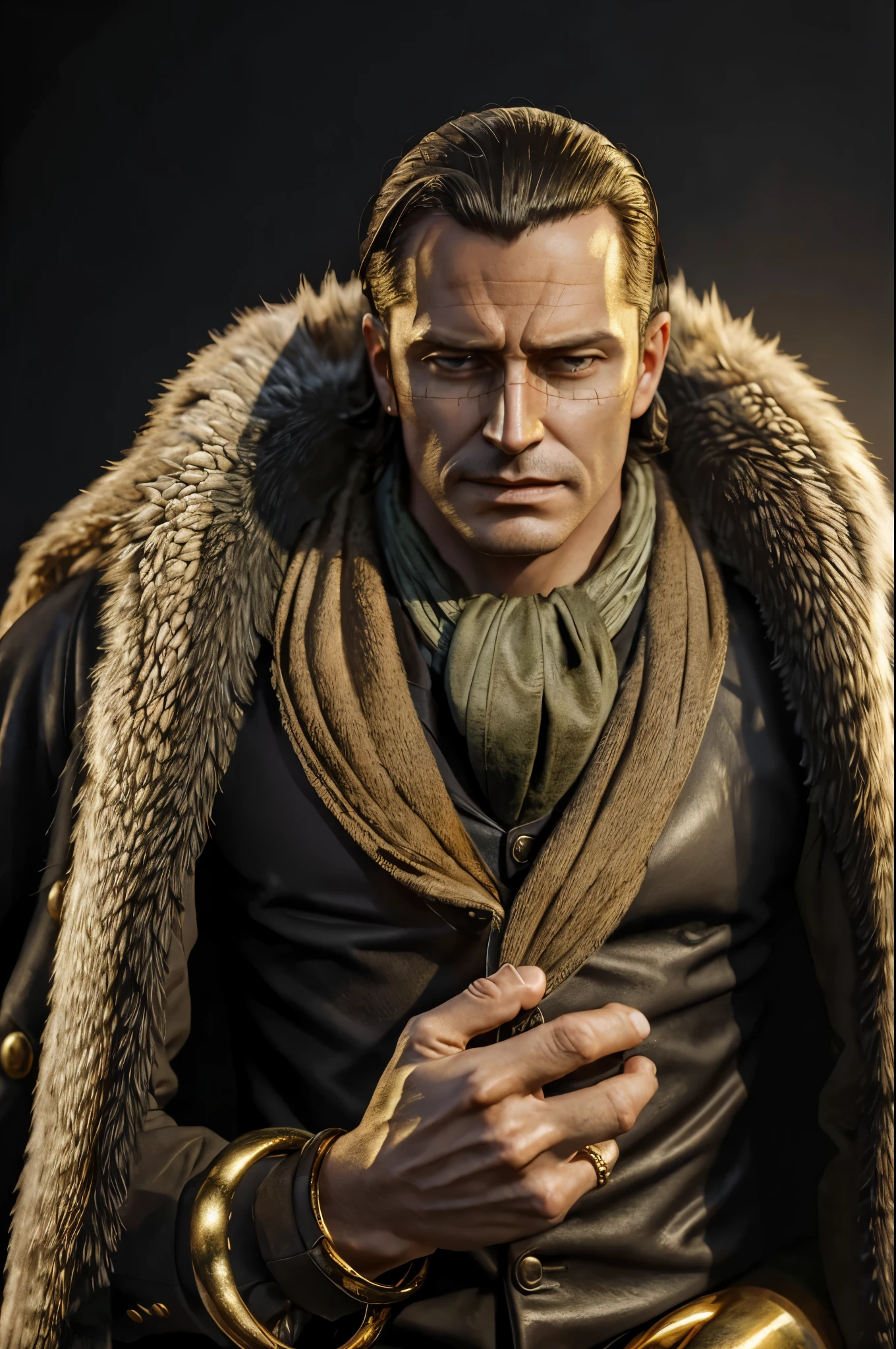 masterpiece, best quality, extremely detailed, hyperrealistic, photorealistic, a cool 40s man, ultra detailed face:1.1, fur-trimmed coat, scarf around the neck, his left hand is a golden pirate hook:1.1, yalling