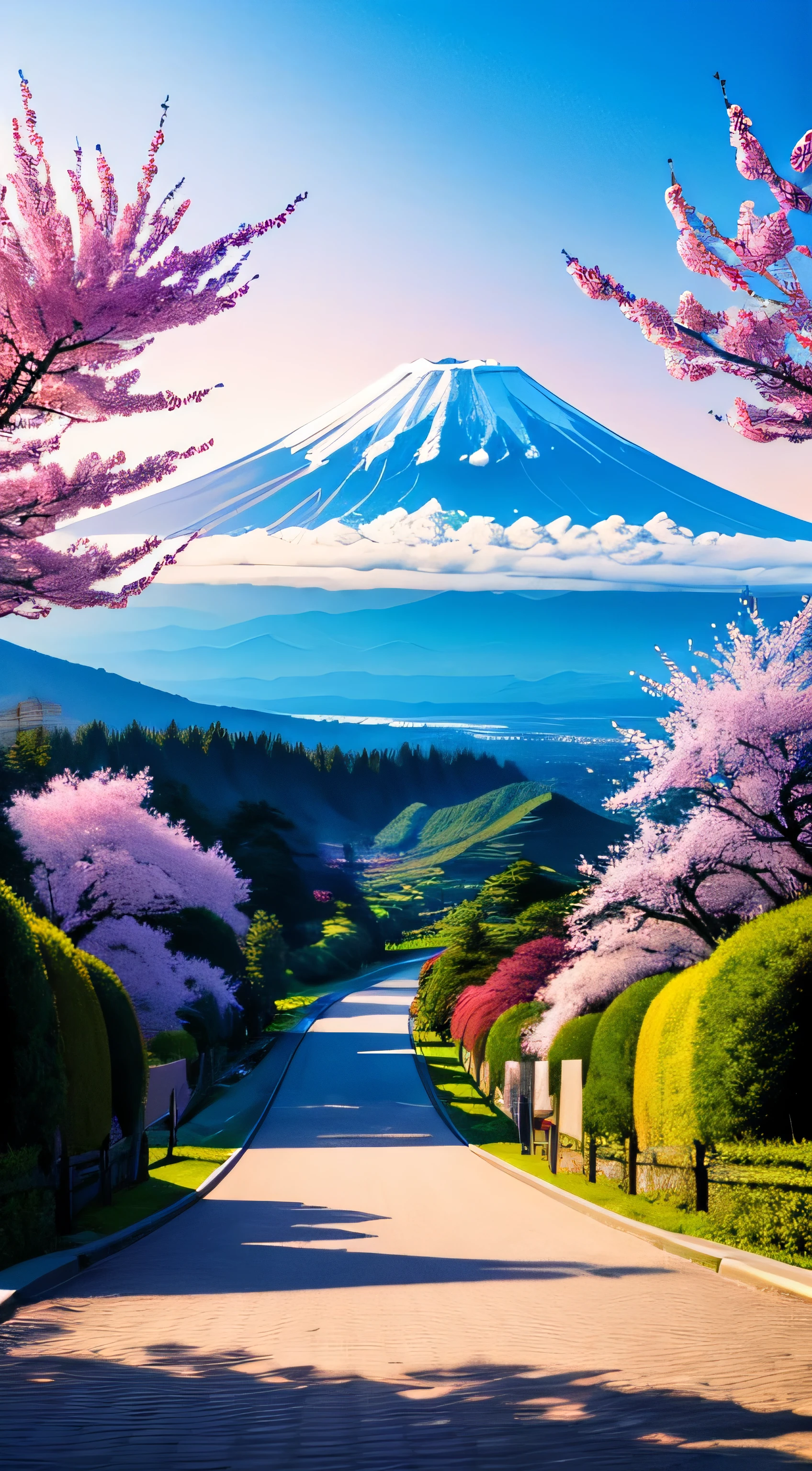 beautiful mountain painting. Mt.Fuji in spring , Moody and meaningful scenes in the style of Thomas Kinkade ,HD 4K , seamless texture, watercolor、cherry blossoms、