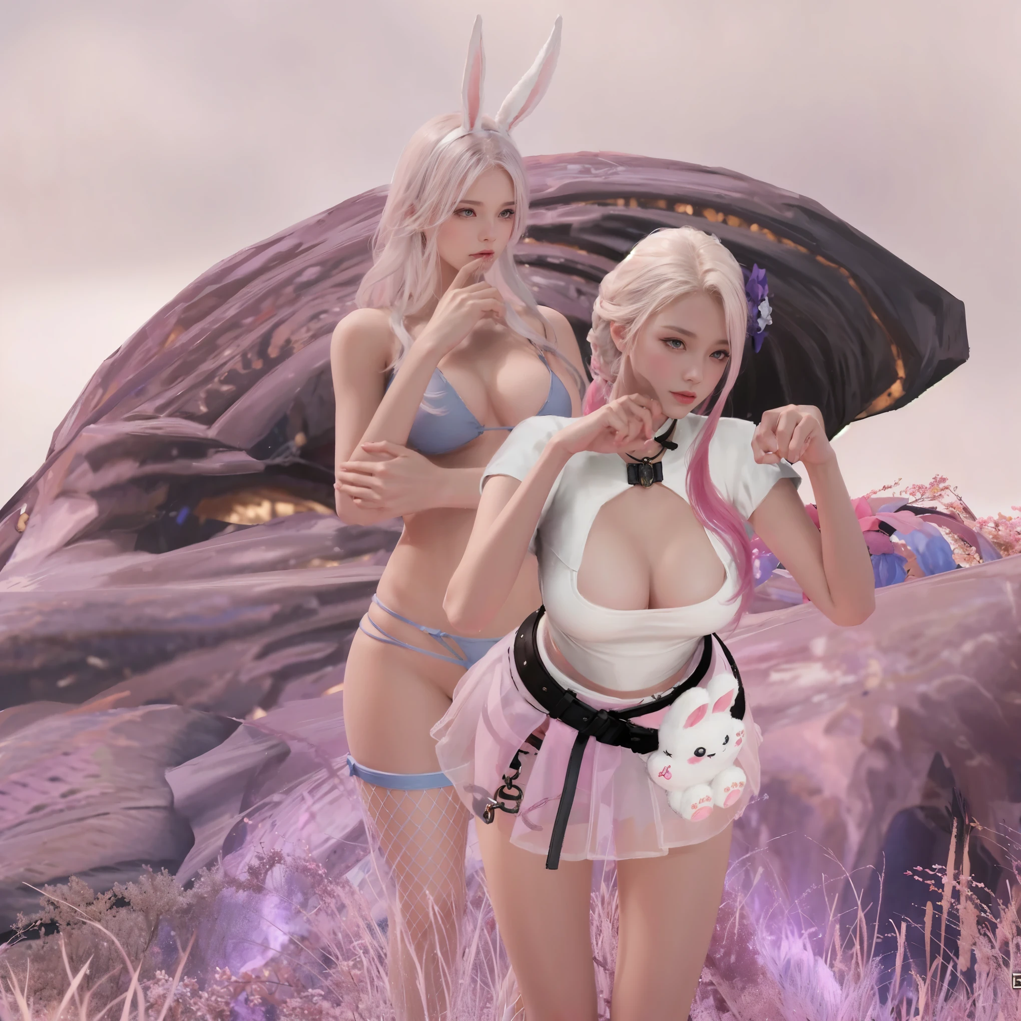 il y a deux femmes dans un champ avec un parapluie et un sac, nixeu et sakimichan, <MMORPGS scene, fille déguisée en lapin, le lapin a une fourrure rose, je vais, seraphine ahri kda, pose de lancement de sorts, c'Was, kda and sam that, WLOP et Sakimichan