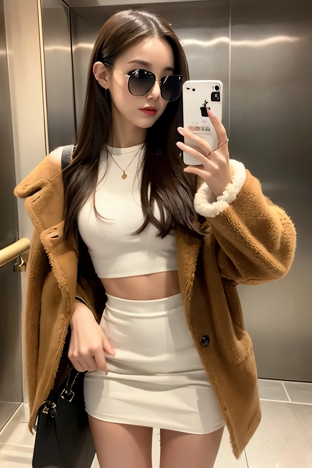 (in the highest realistic quality) 19 year old female, Take a selfie with your iPhone in the elevator, she is wearing a brown plaid miniskirt, white crop top, she is wearing a brown fur coat, she has sunglasses, Small black handbag, In a sexy and pure atmosphere.