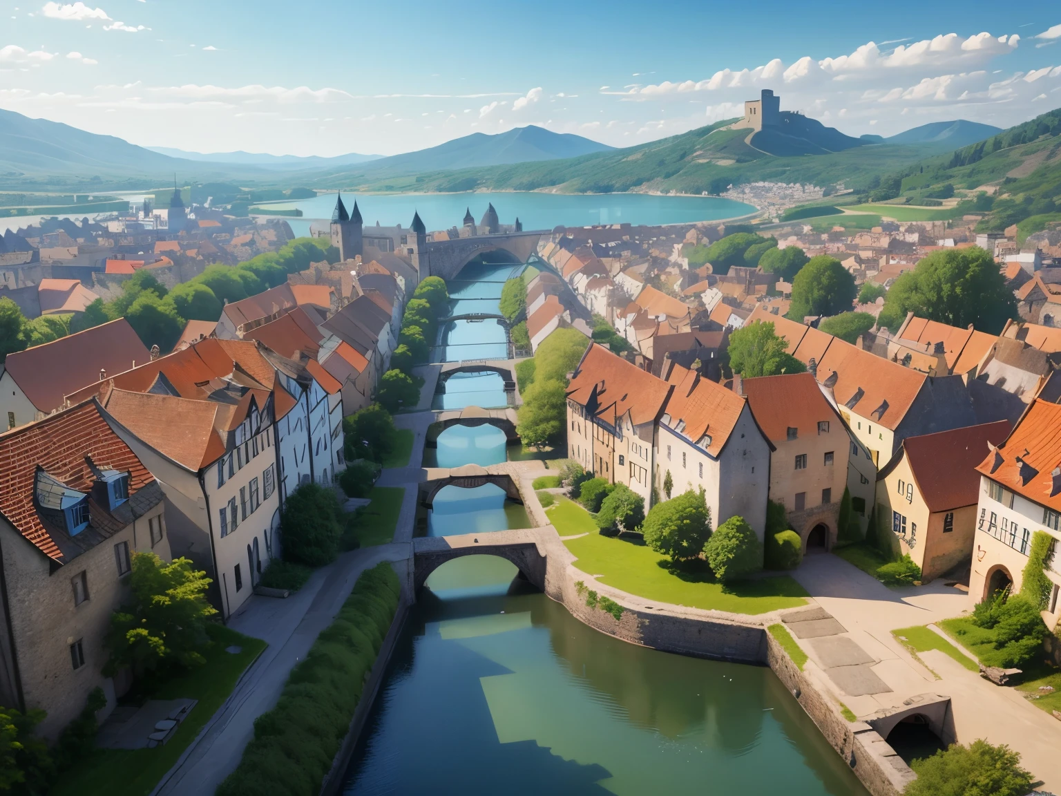 a medieval city, with a lake oustide of the city, with walls, the houses have gray bricks, the roofs are blue