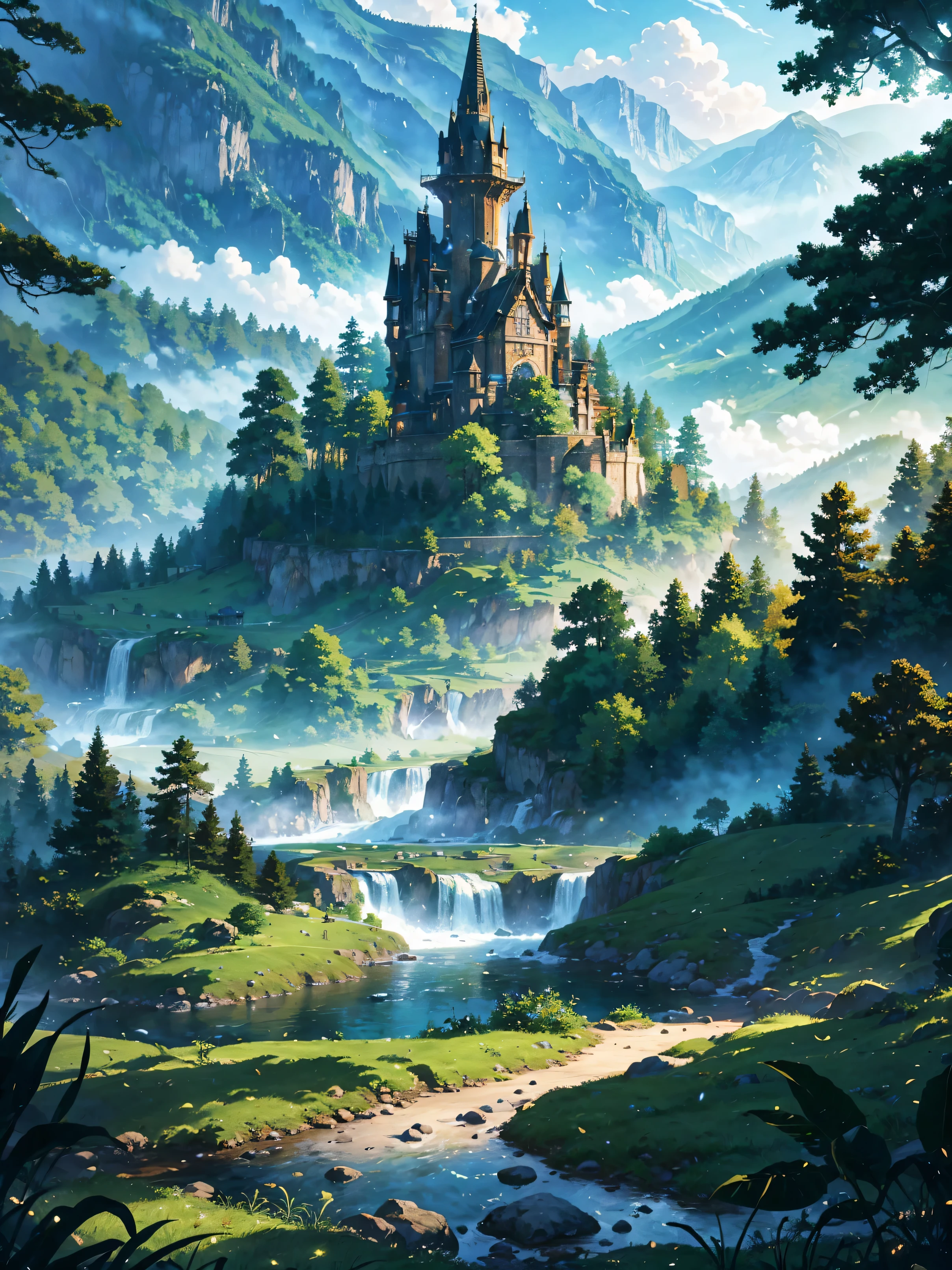 fantasy, middle age masterpiece, best quality:1.2), outdoors, nature, forest, pines, grass, tall grass, detailed grass, plants, day, clouds, villages, river. [Optional: epic battle, imposing castle, magical creatures, cascading waterfall, enchanted bridge]

Explanation: (best quality:1.2) This indicates that the generated image should be of the highest quality, with an emphasis on the details and resolution. 

Scene: In a fantasy world inspired by the Middle Ages, an awe-inspiring landscape unfolds. The focus of the image is on a majestic forest filled with towering pine trees. The forest carpeted in lush green grass, both short and tall, creates a sense of depth and texture.

The details of the grass are meticulously captured, with a special emphasis on its intricacies and realism. The leaves and branches of the plants are exquisitely rendered, adding to the overall visual richness of the image.

The scene is set during the day, with clouds floating gracefully in the sky, casting shadows over the landscape. These clouds create a sense of movement and atmosphere, enhancing the overall ambience of the image.

Nestled within the forest are quaint villages, with rustic houses and cobblestone streets. The villages evoke a sense of tranquility and peace, contrasting with the grandeur of the surrounding nature. The houses and buildings showcase the architectural style of the Middle Ages, adding historical authenticity to the scene.

A river meanders through the forest, glistening under the sunlight. The sparkling water reflects the surrounding landscape, creating a sense of serenity and harmony. The river serves as both a visual element and a focal point, drawing the viewer's attention towards its gentle flow.

Optional elements: For added narrative and visual interest, an epic battle could take place in the distance, showcasing medieval warriors and mythical creatures engaged in an intense clash. An imposing castle could dominate the skyline, serving as the stronghold of