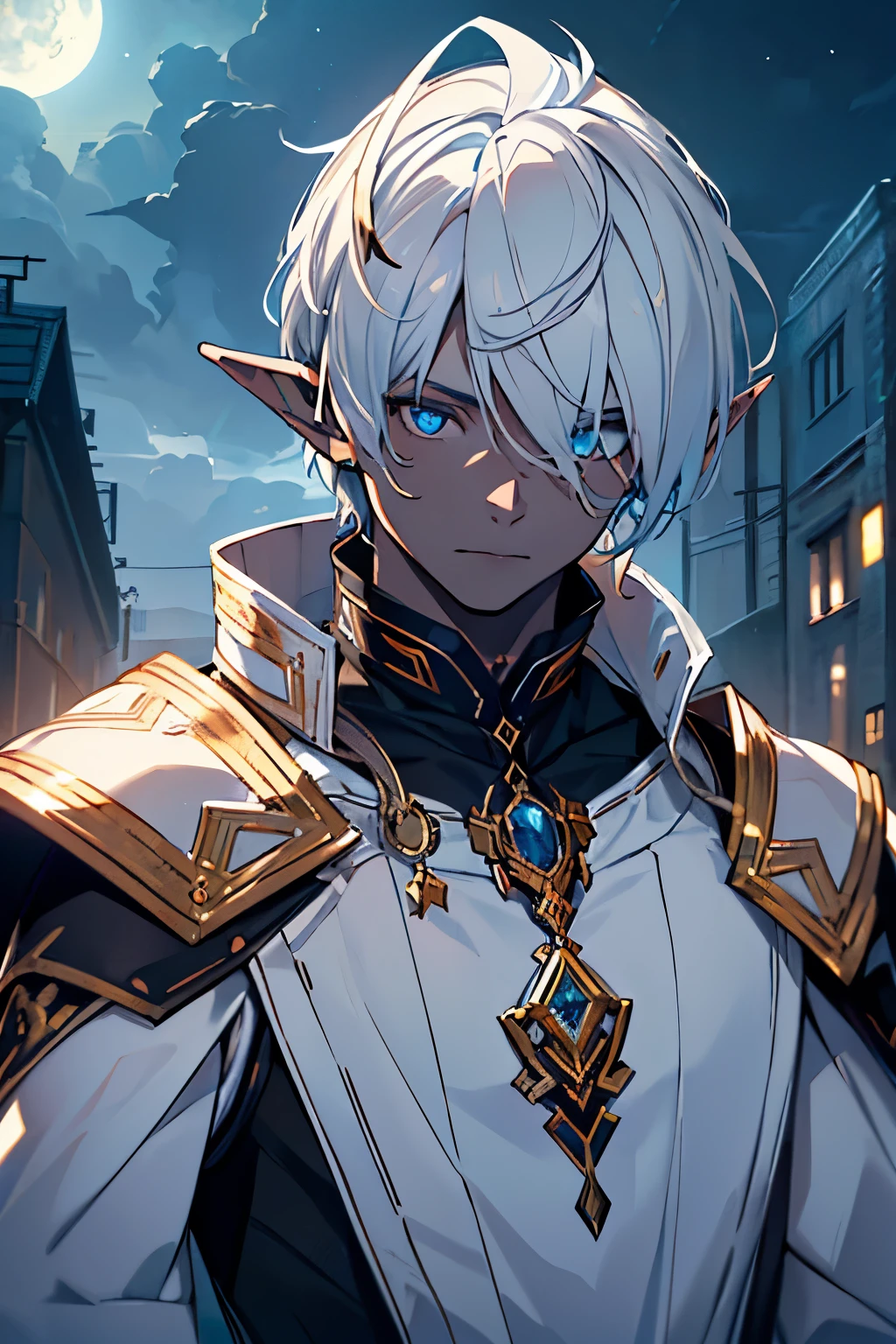 masterpiece, best quality, ((1boy)), (colorful),(finely detailed beautiful eyes and detailed face),cinematic lighting,extremely detailed CG unity 8k wallpaper, sky, cloudy_sky, building, moonlight, moon, night, (dark theme:1.3), light, fantasy, ((Blue Eyes)) ((White Skin)) ((Elf Ears)) (((Tribal Black clothes with Golden Accents))) (((Short White Hair)) ((Patriarch)) ((Armor)) ((Albinism))